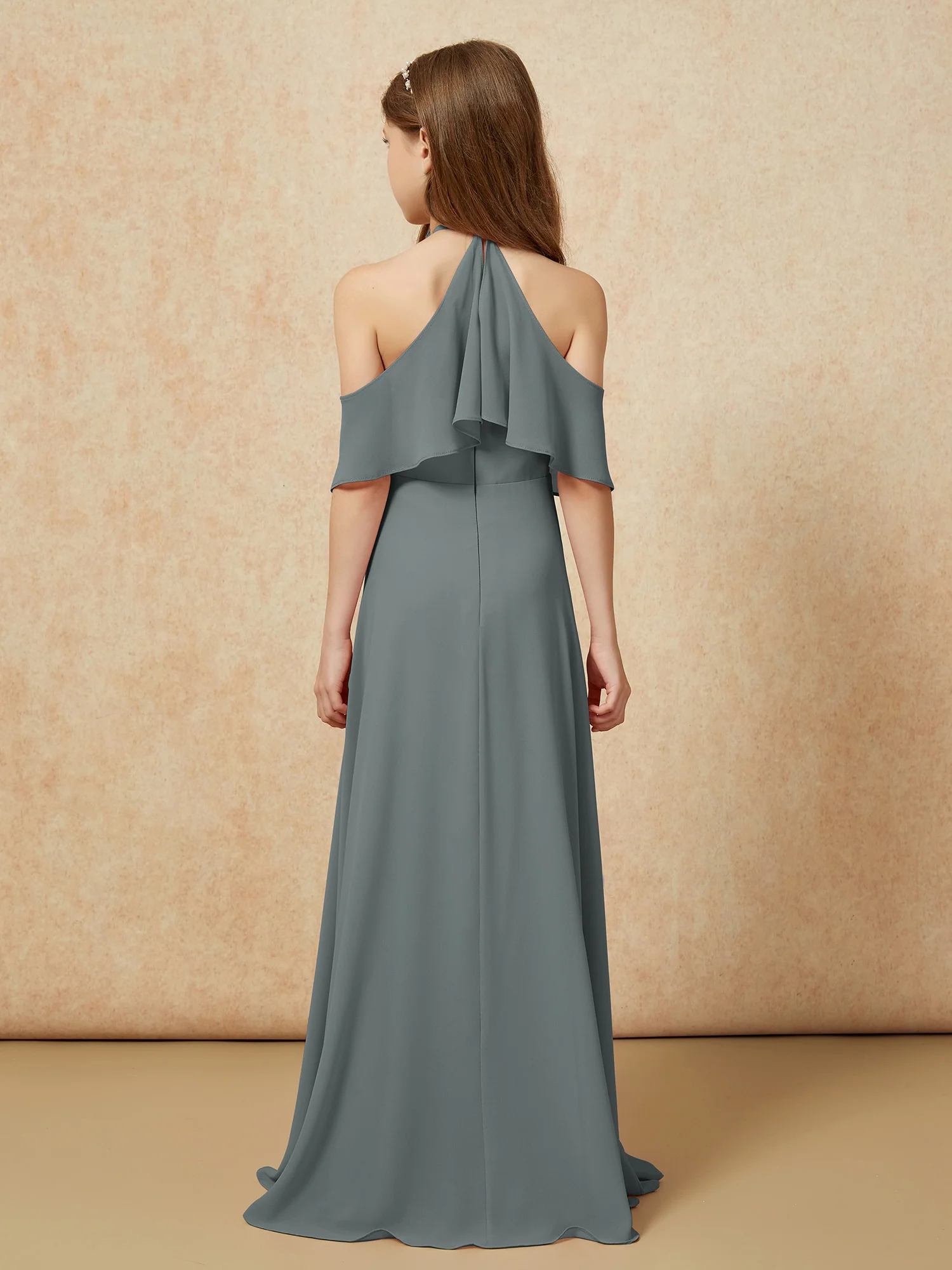 Simple Halter Floor-length Junior Bridesmaid Dress Steel Grey - Image 2