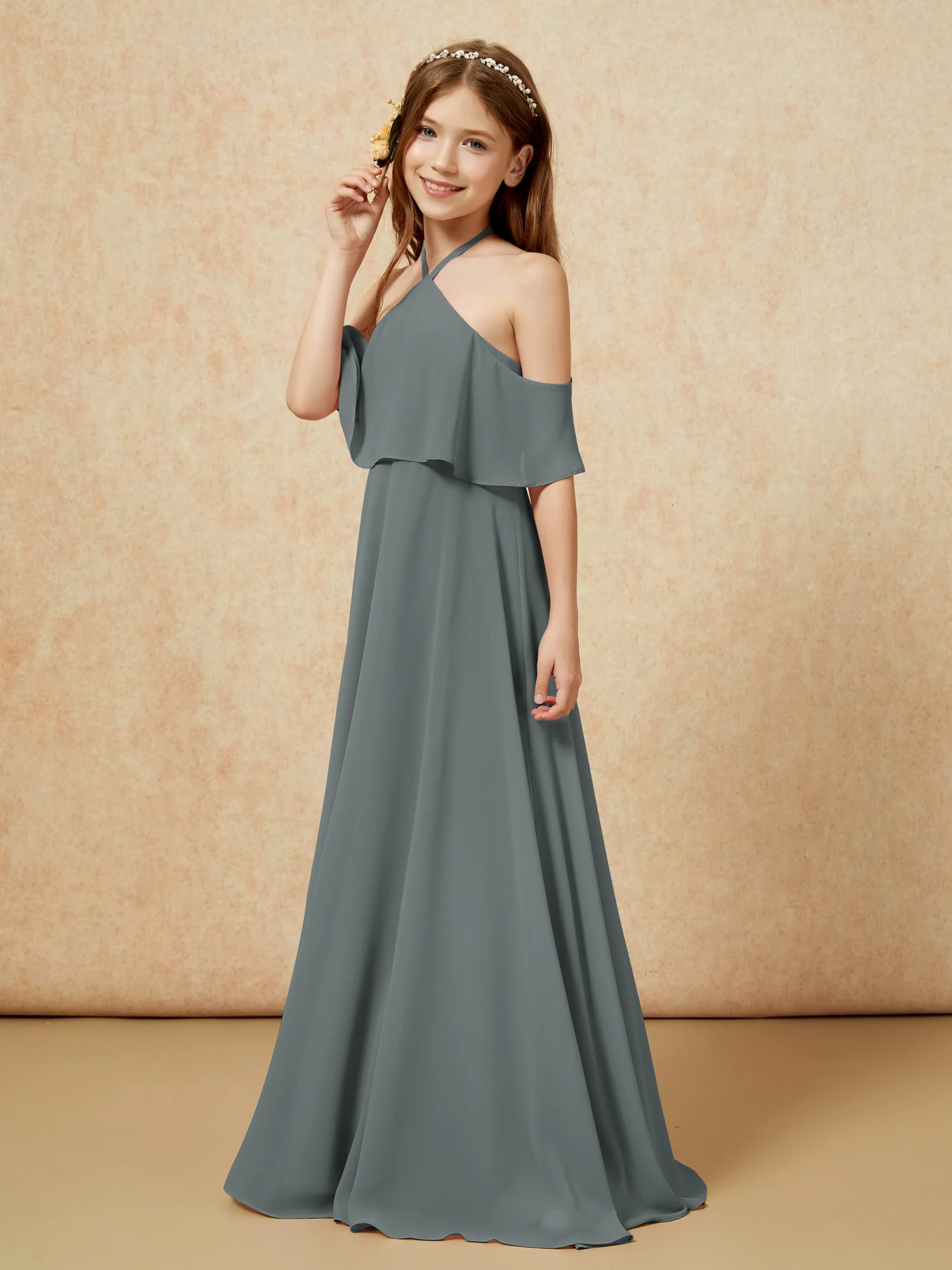 Simple Halter Floor-length Junior Bridesmaid Dress Steel Grey - Image 3