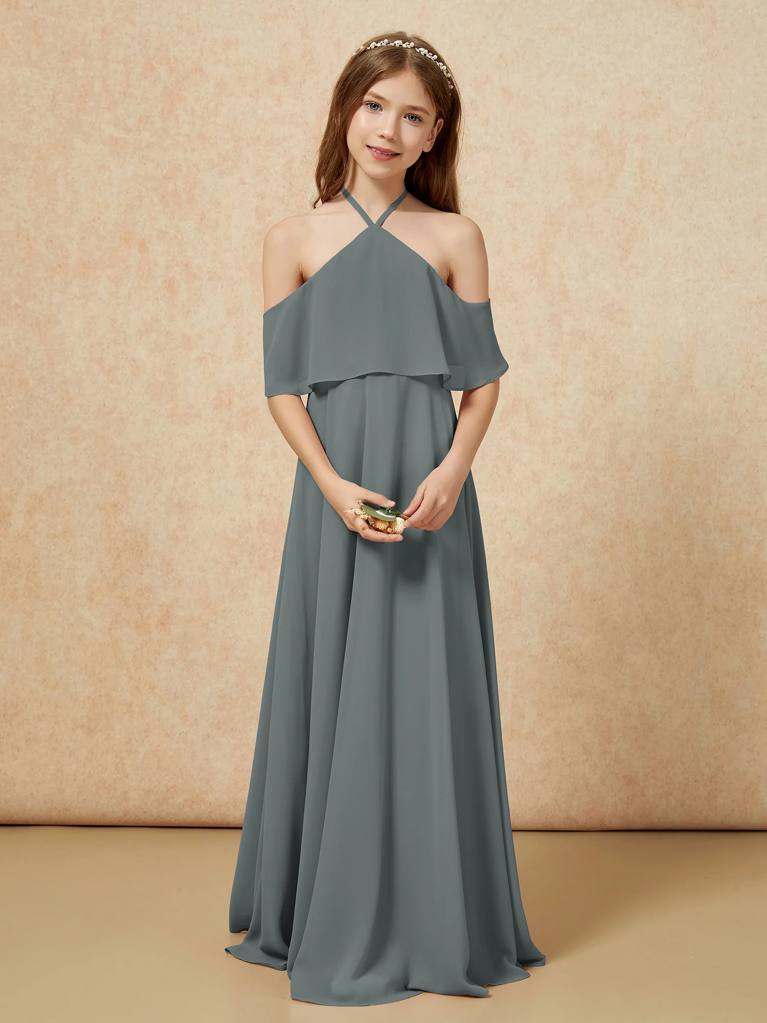 Simple Halter Floor-length Junior Bridesmaid Dress Steel Grey - Image 4