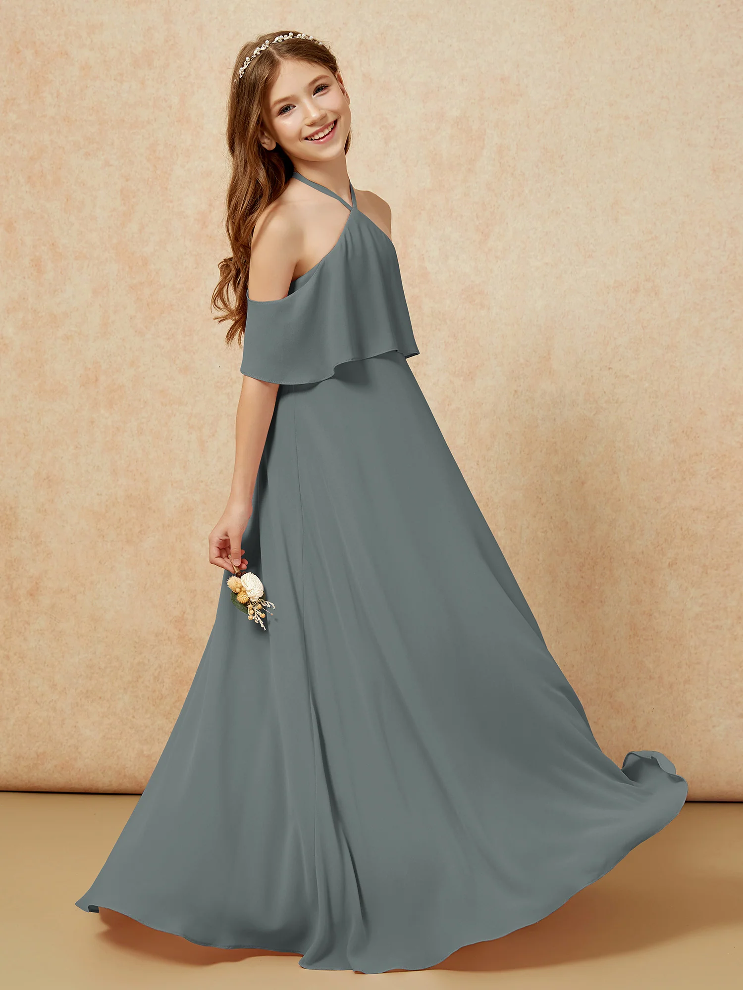 Simple Halter Floor-length Junior Bridesmaid Dress Steel Grey - Image 5