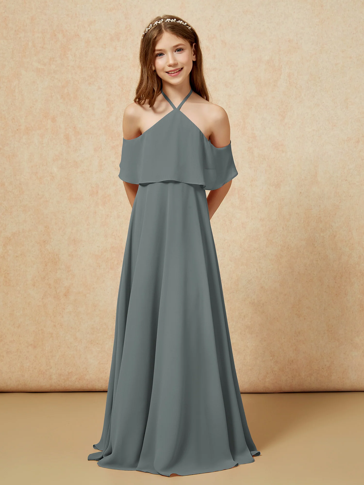 Simple Halter Floor-length Junior Bridesmaid Dress Steel Grey - Image 6