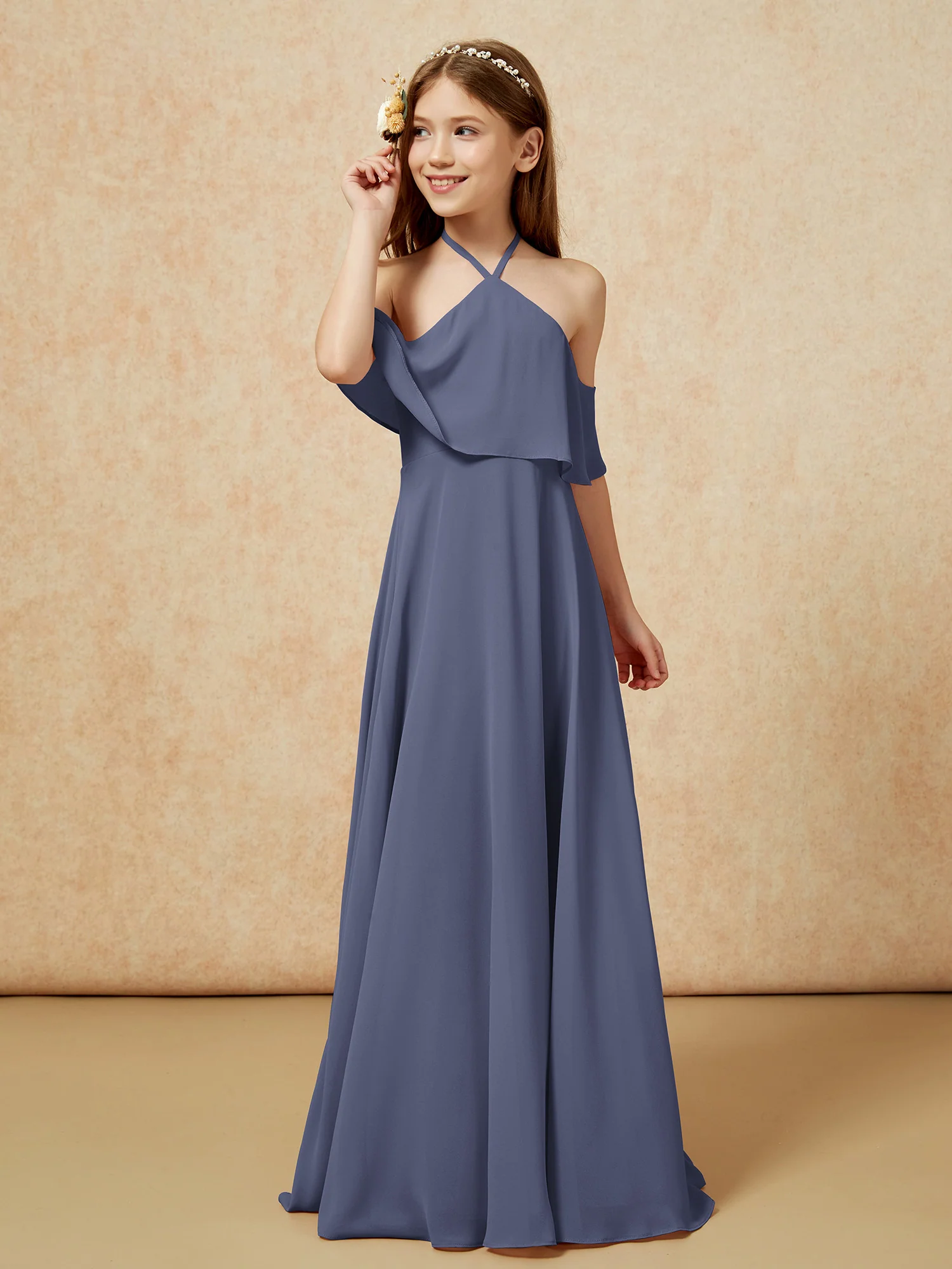 Simple Halter Floor-length Junior Bridesmaid Dress Stormy