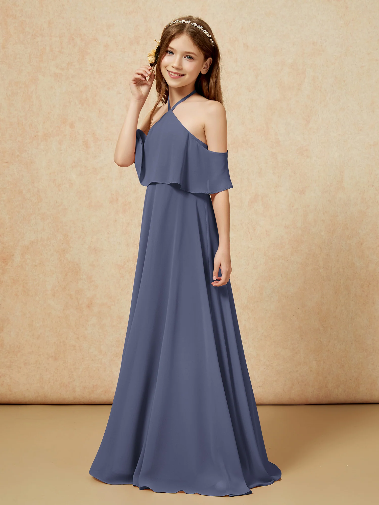 Simple Halter Floor-length Junior Bridesmaid Dress Stormy - Image 3