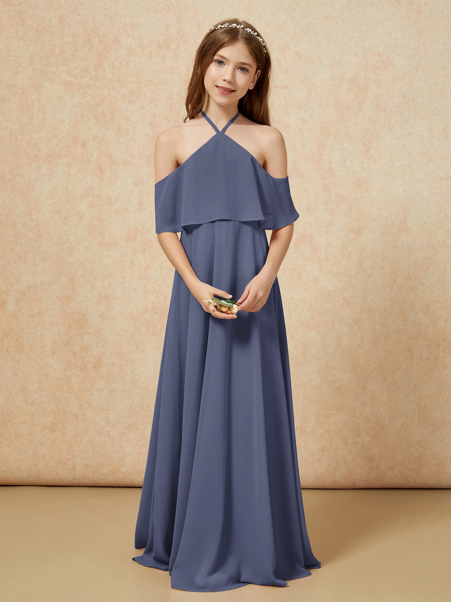 Simple Halter Floor-length Junior Bridesmaid Dress Stormy - Image 4