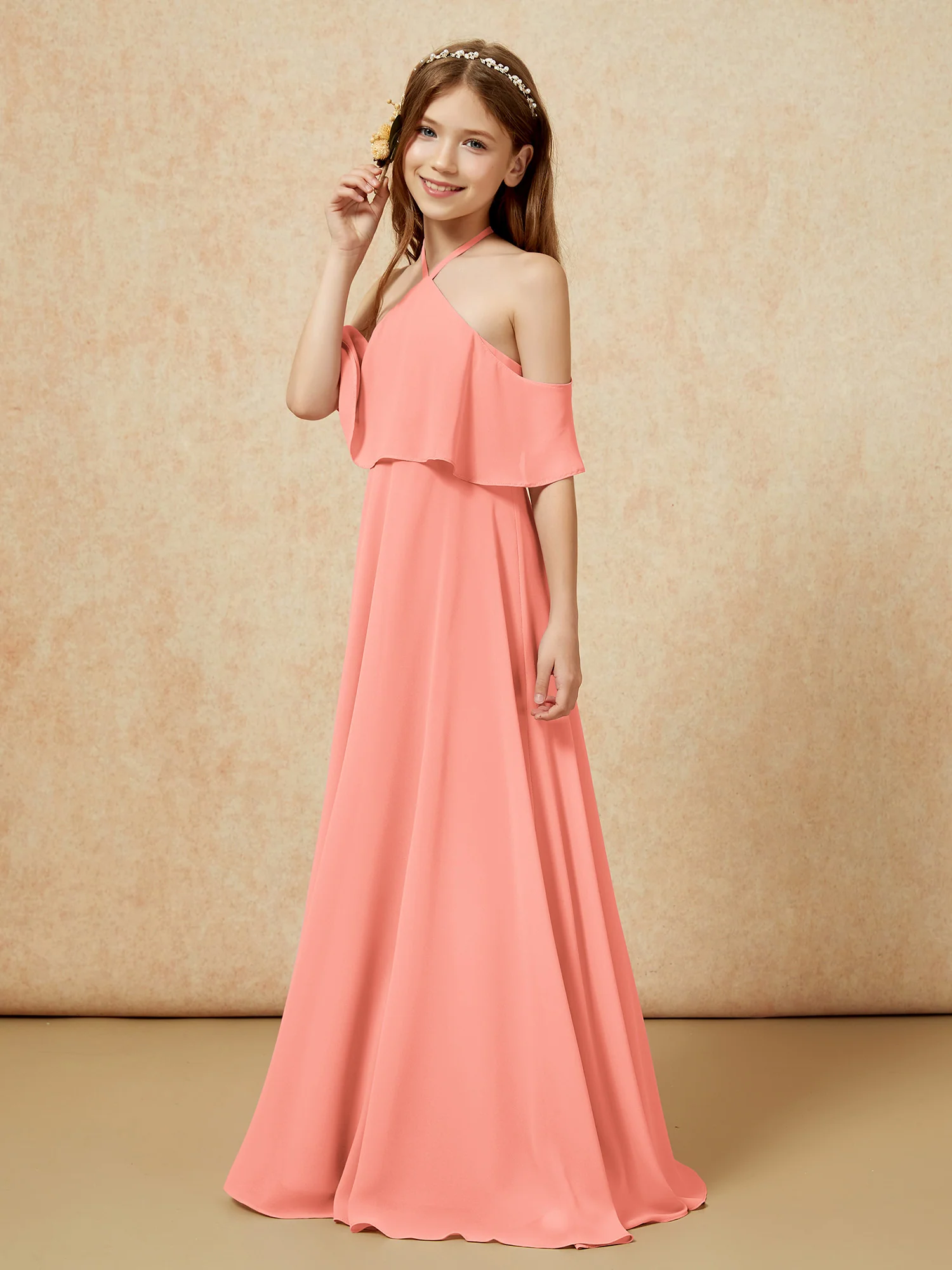 Simple Halter Floor-length Junior Bridesmaid Dress Sunset - Image 3