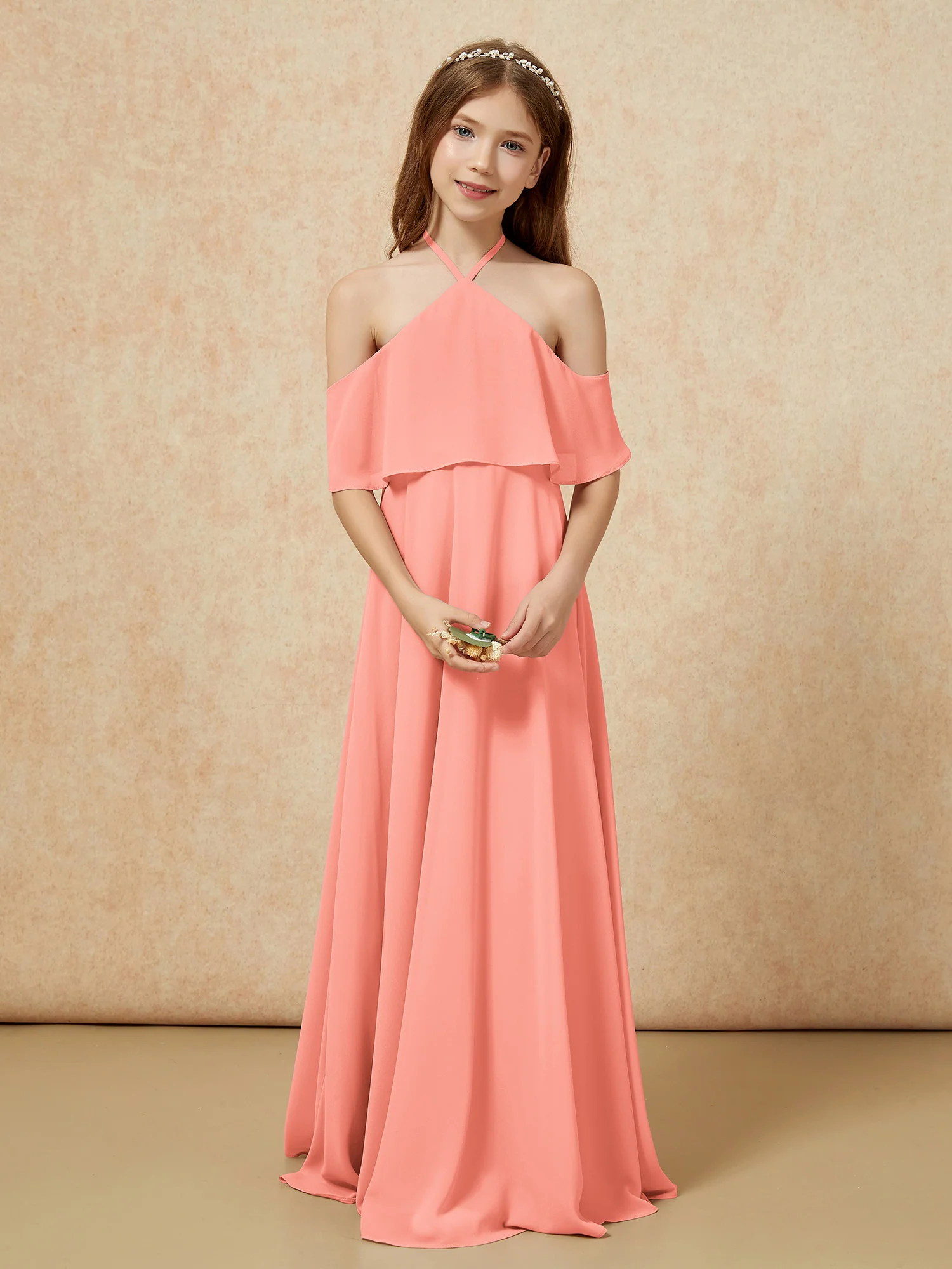 Simple Halter Floor-length Junior Bridesmaid Dress Sunset - Image 4