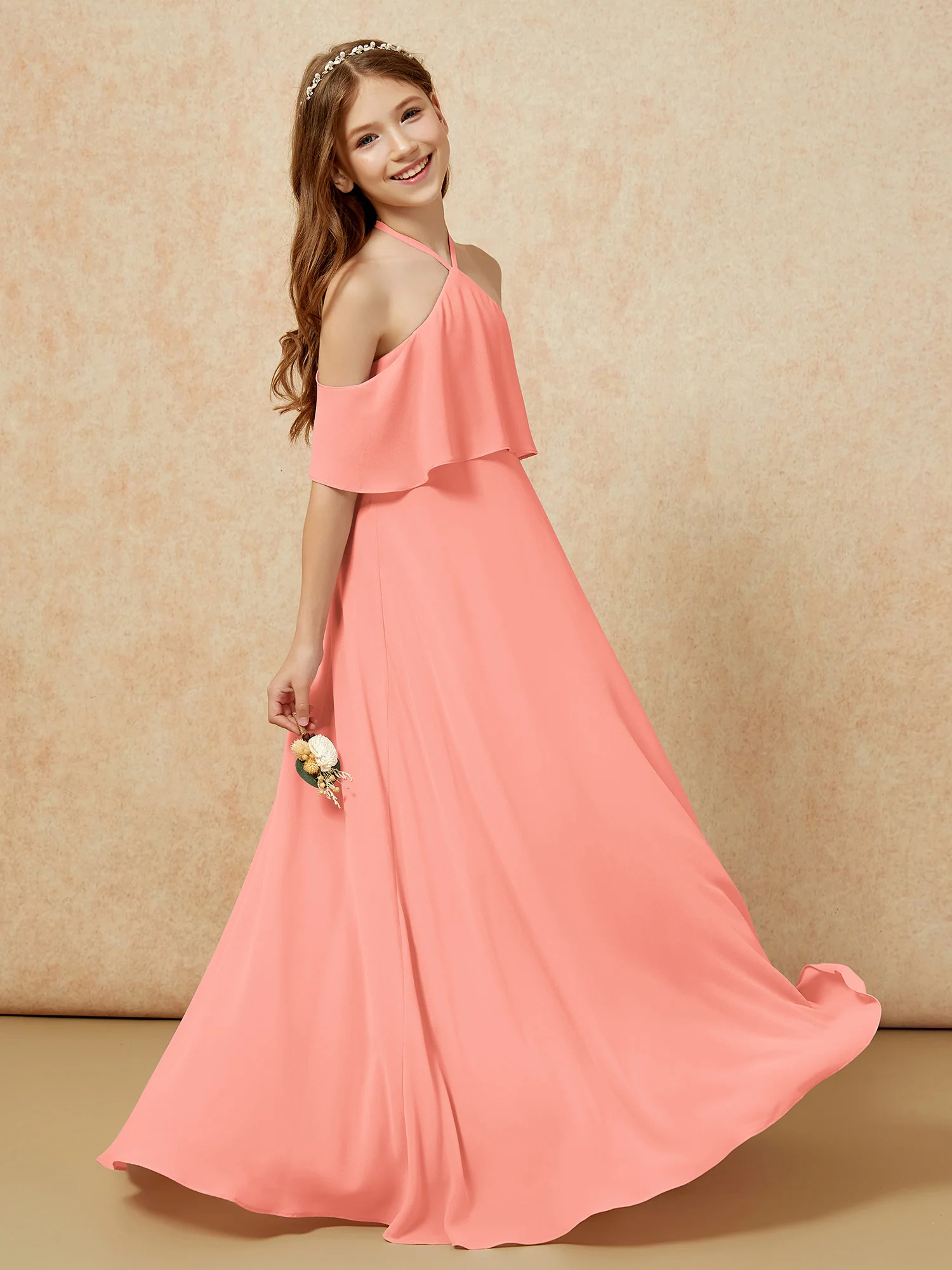 Simple Halter Floor-length Junior Bridesmaid Dress Sunset - Image 5