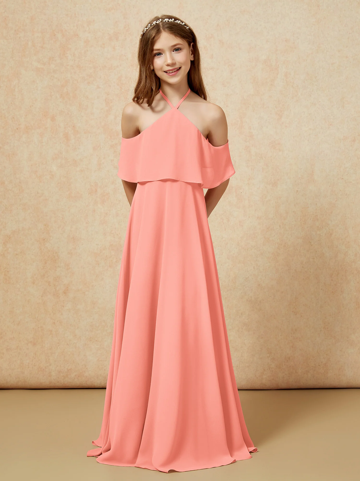 Simple Halter Floor-length Junior Bridesmaid Dress Sunset - Image 6