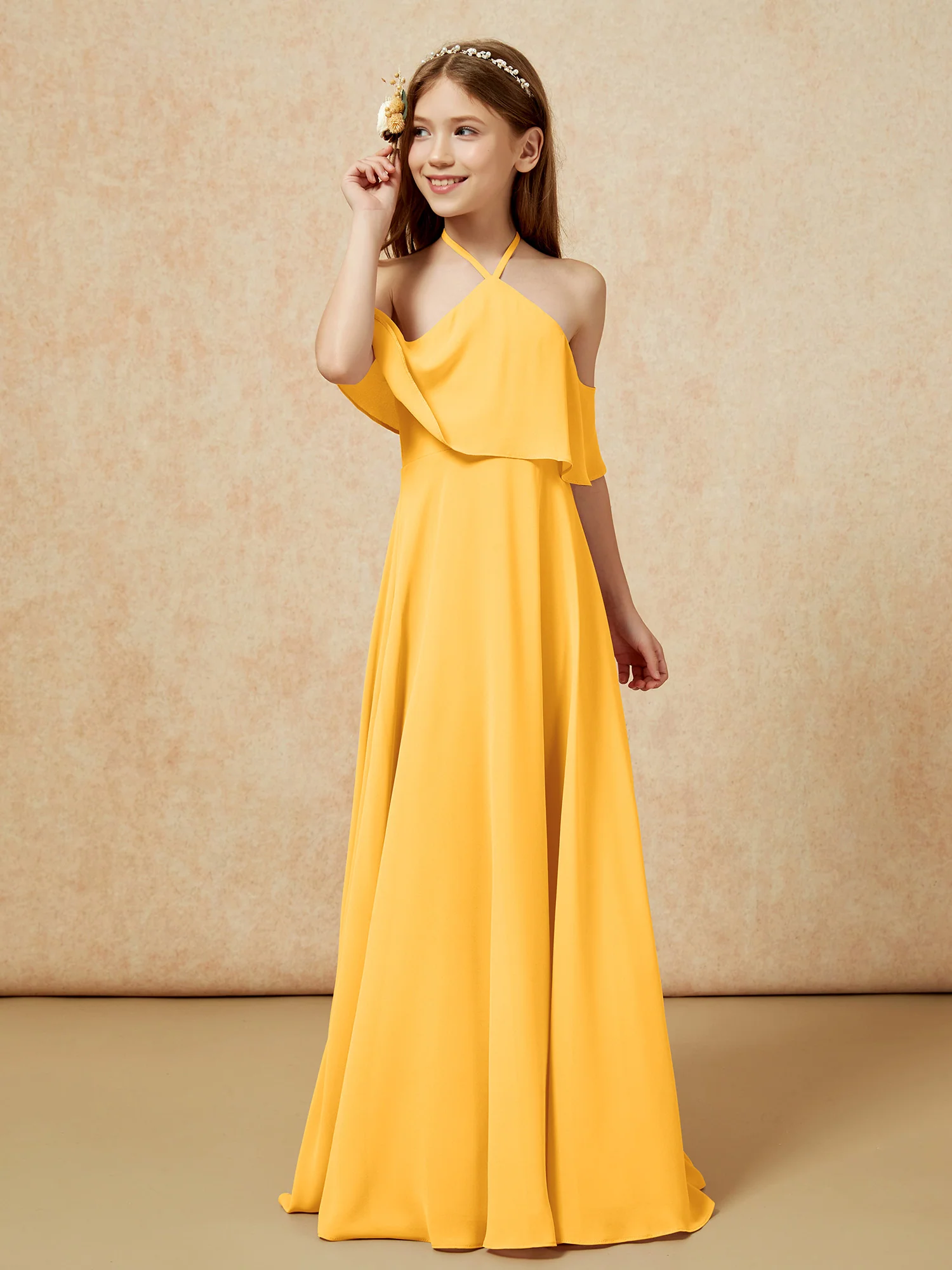 Simple Halter Floor-length Junior Bridesmaid Dress Tangerine