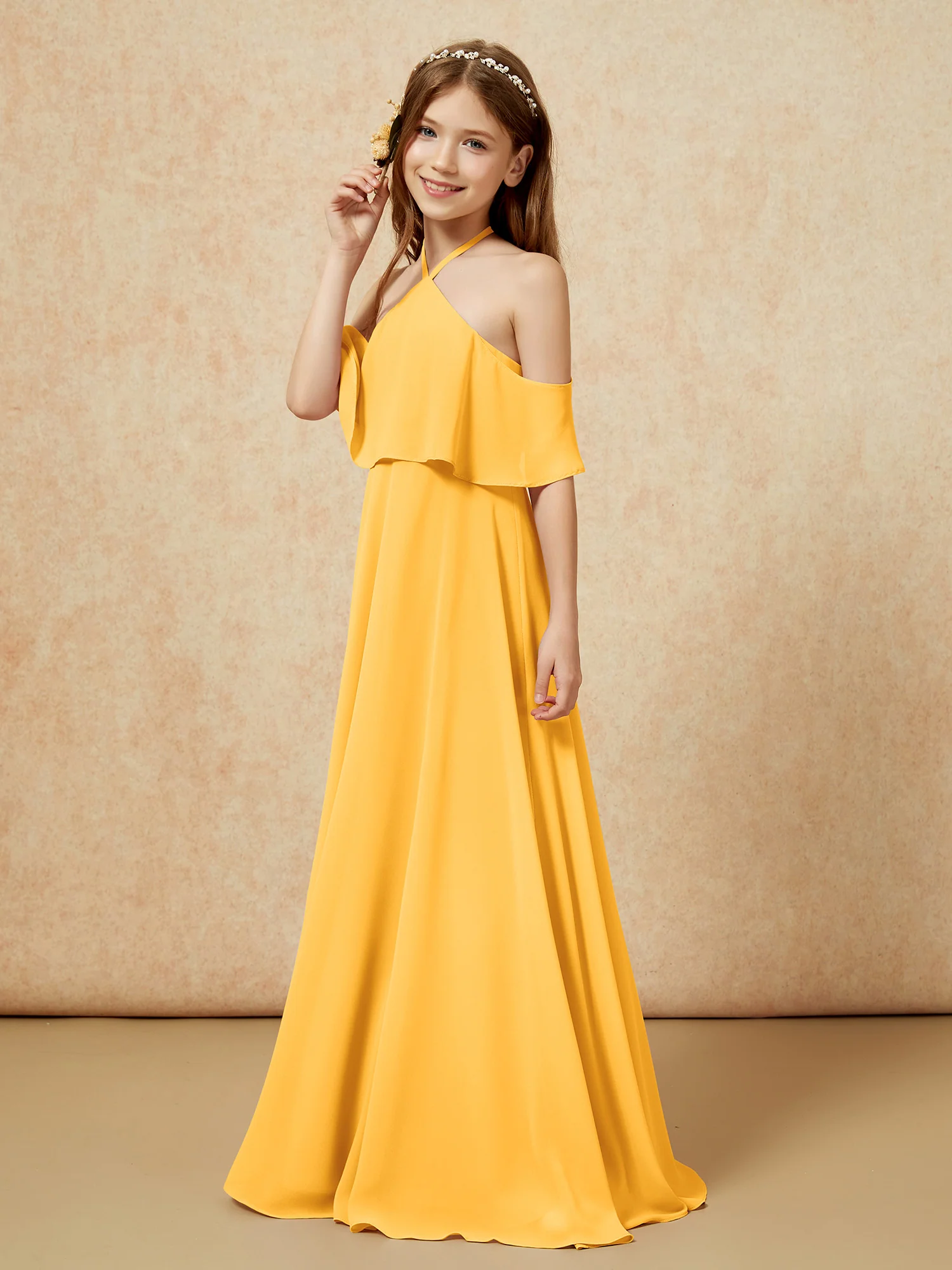 Simple Halter Floor-length Junior Bridesmaid Dress Tangerine - Image 3