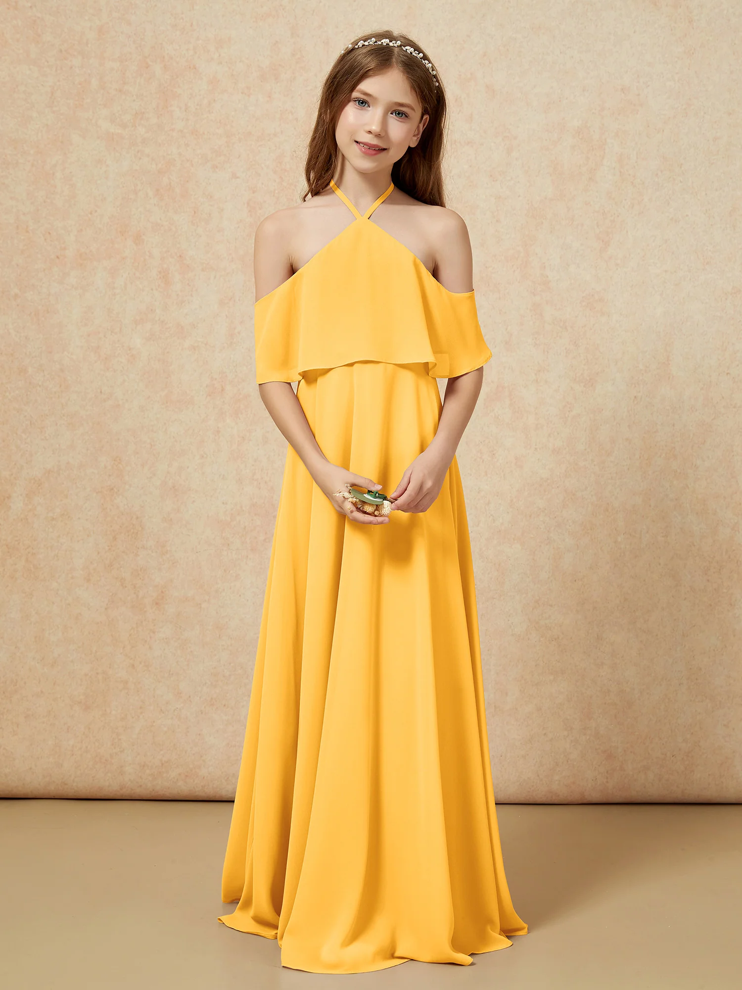 Simple Halter Floor-length Junior Bridesmaid Dress Tangerine - Image 4