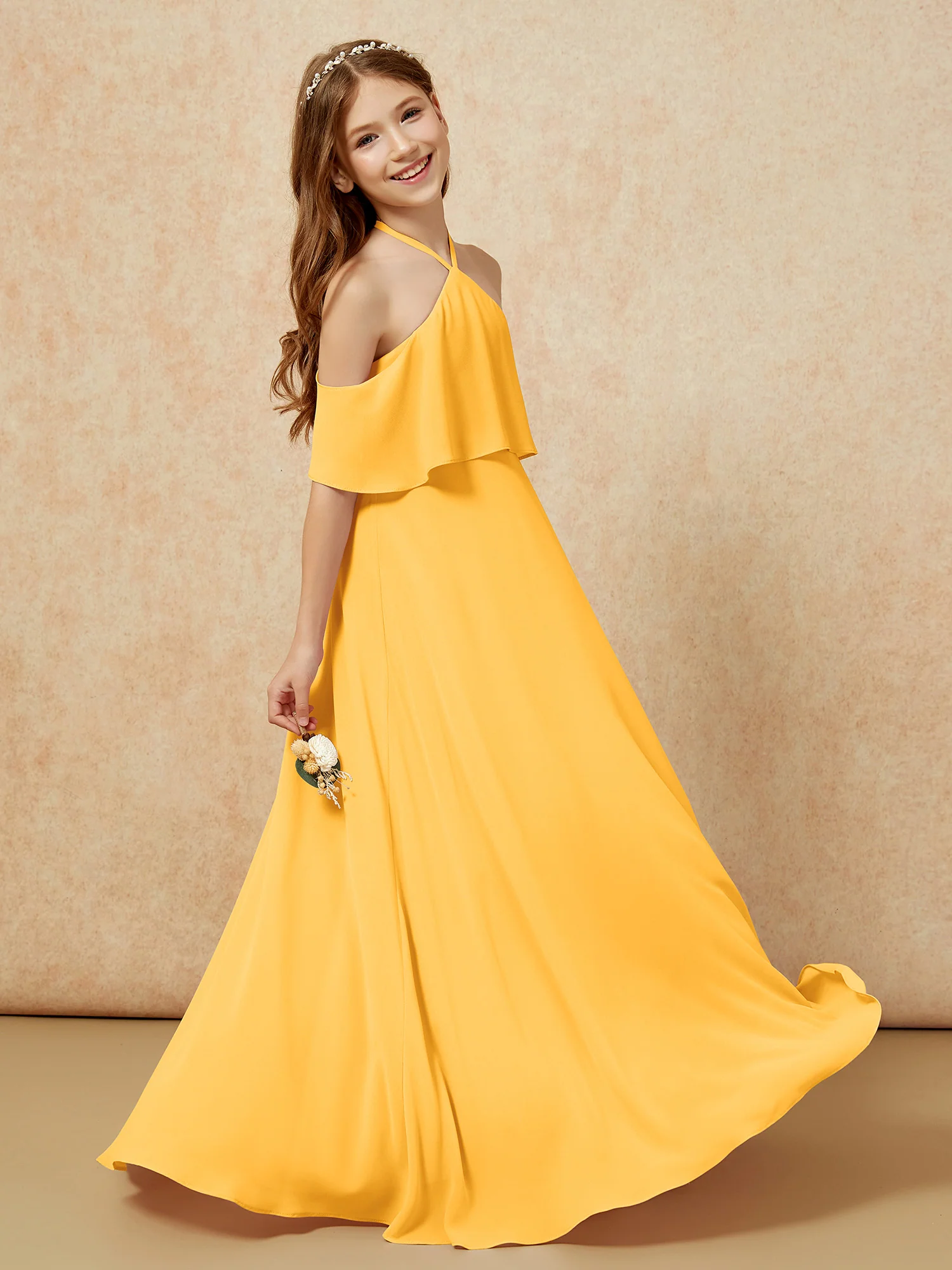Simple Halter Floor-length Junior Bridesmaid Dress Tangerine - Image 5