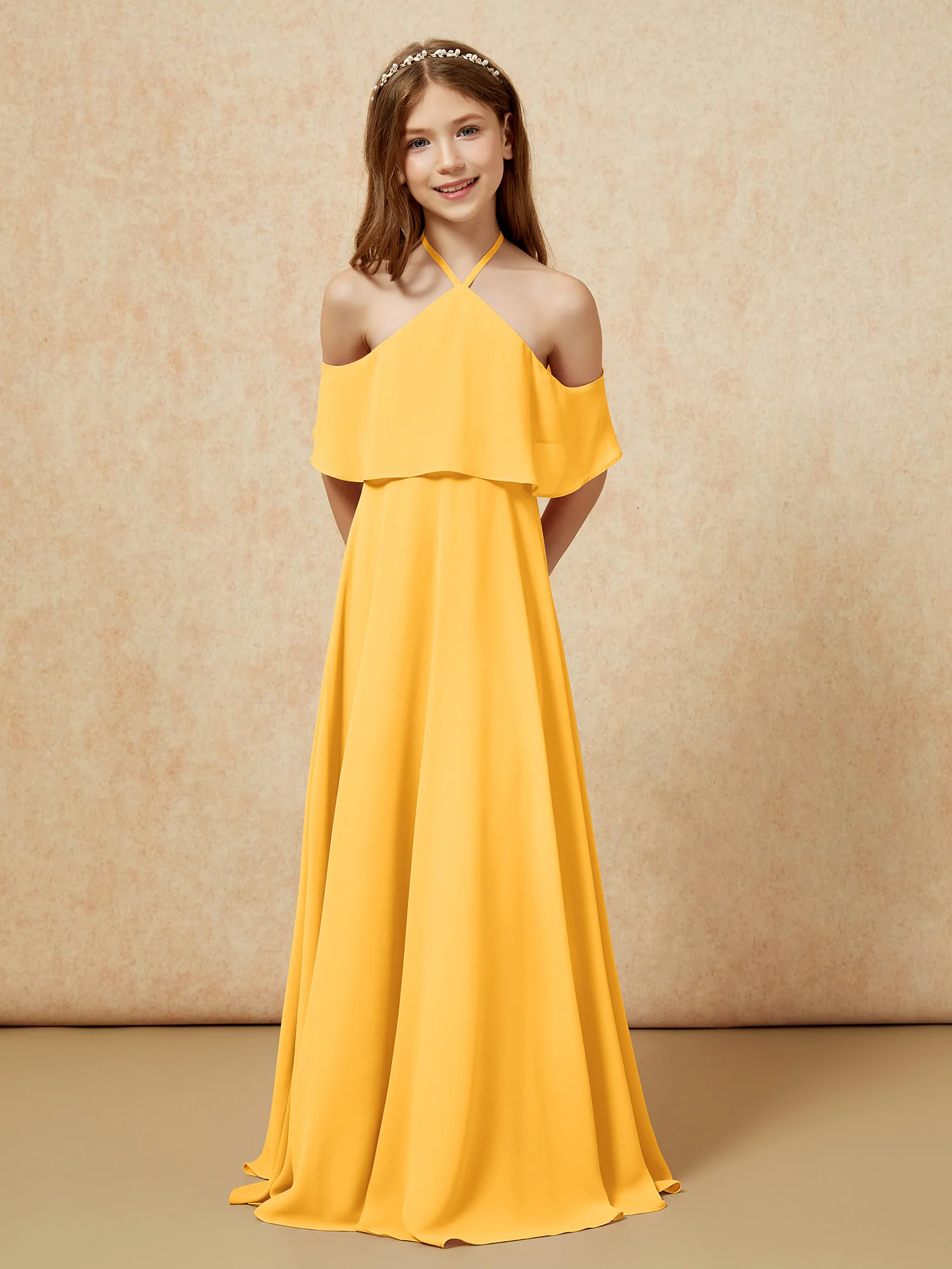 Simple Halter Floor-length Junior Bridesmaid Dress Tangerine - Image 6