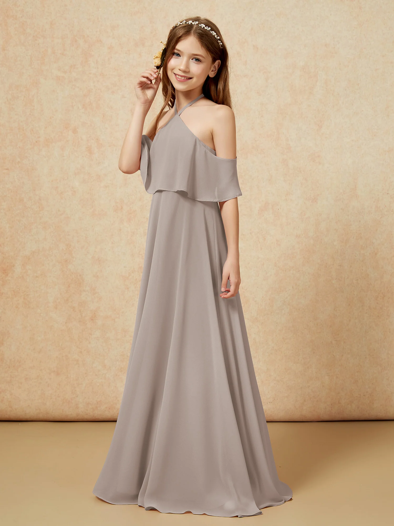 Simple Halter Floor-length Junior Bridesmaid Dress Taupe - Image 3