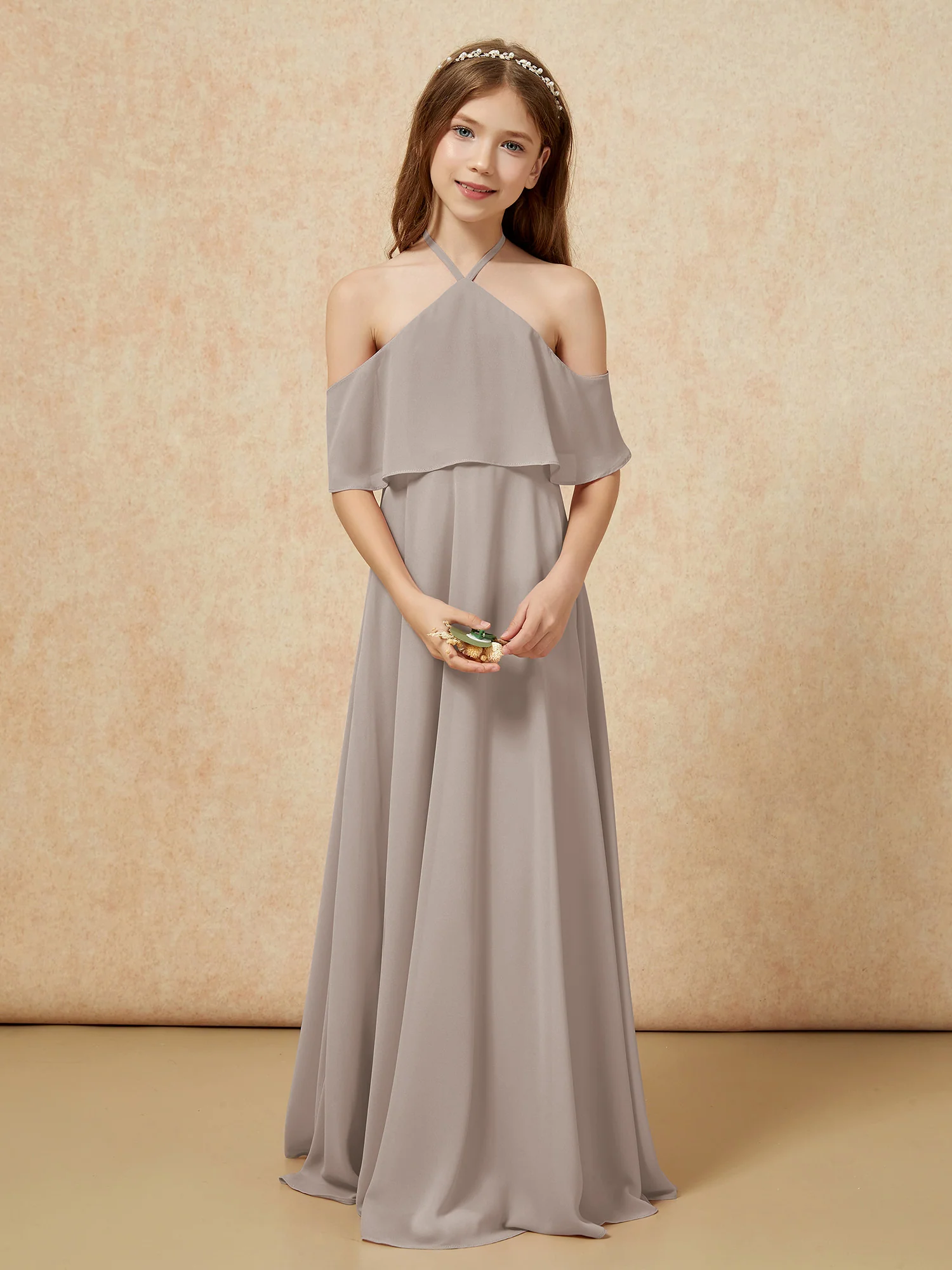 Simple Halter Floor-length Junior Bridesmaid Dress Taupe - Image 4