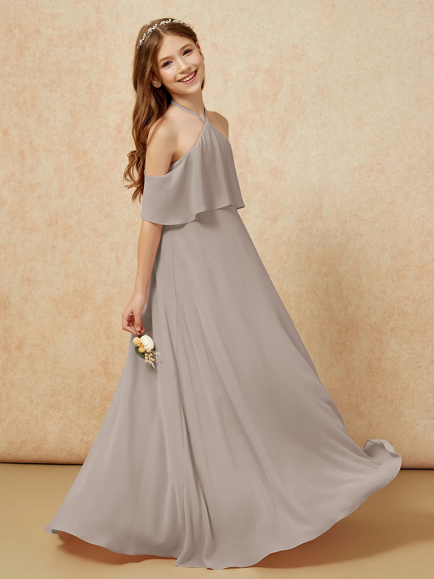 Simple Halter Floor-length Junior Bridesmaid Dress Taupe - Image 5