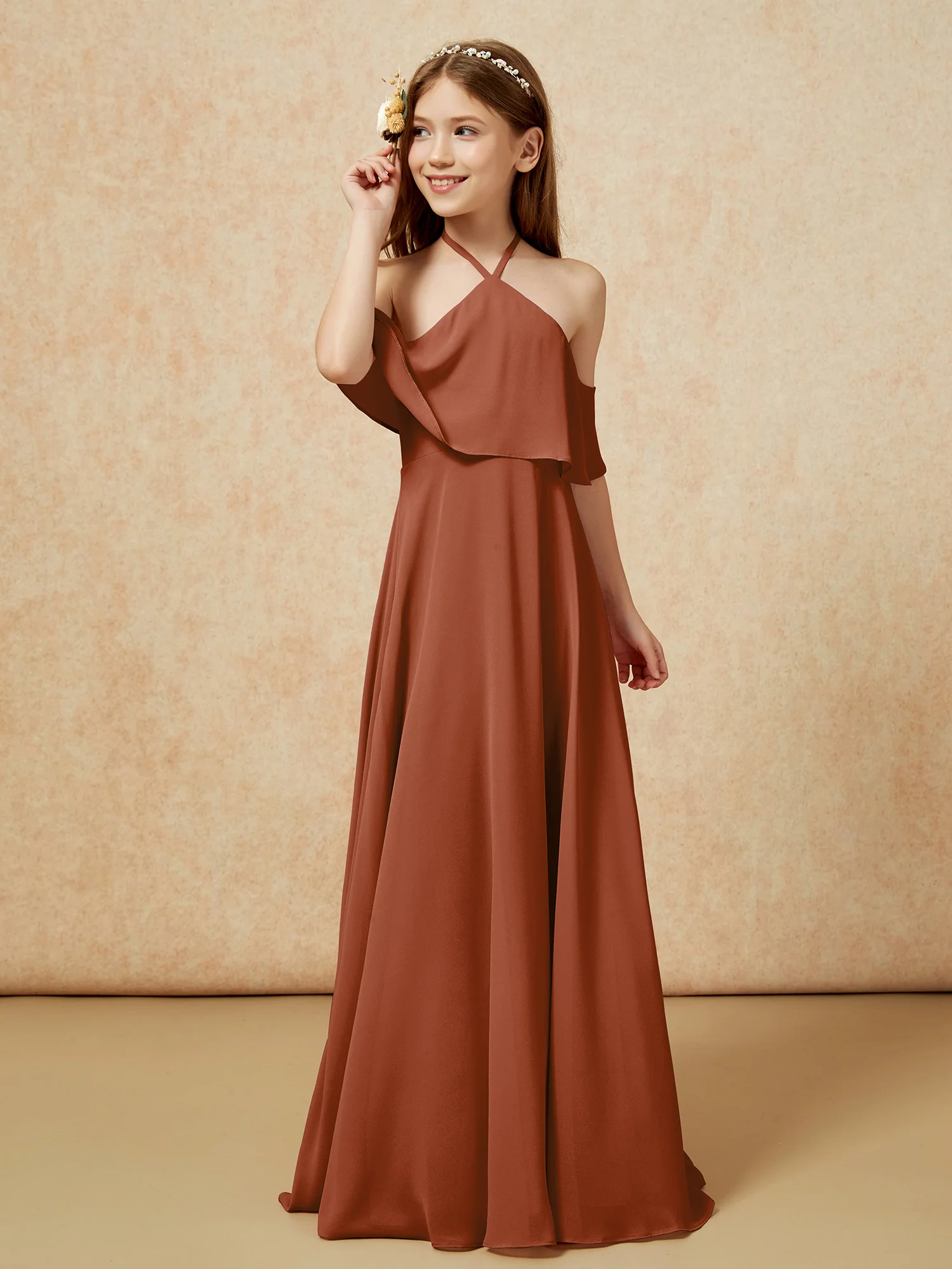 Simple Halter Floor-length Junior Bridesmaid Dress Terracotta