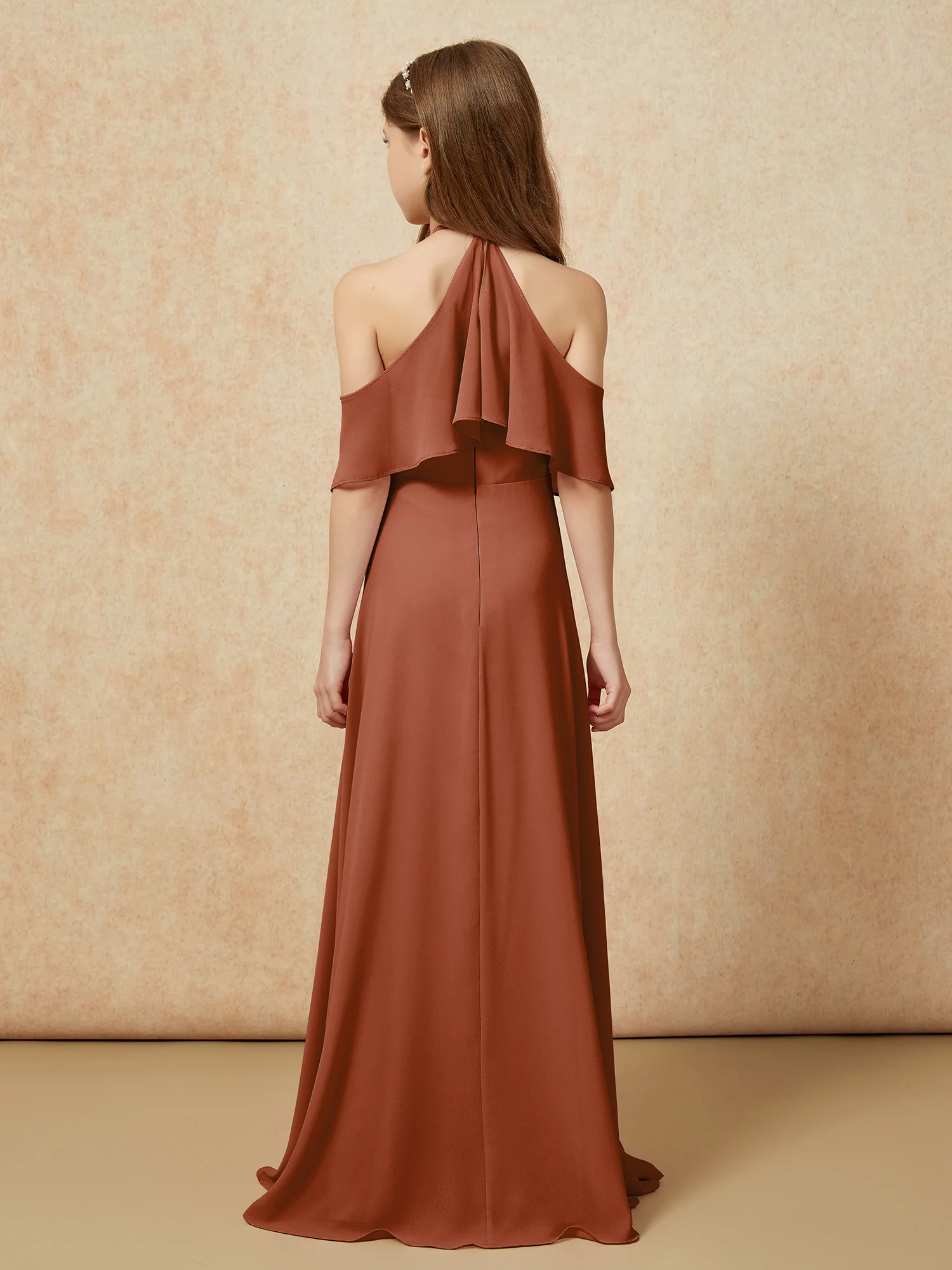 Simple Halter Floor-length Junior Bridesmaid Dress Terracotta - Image 2