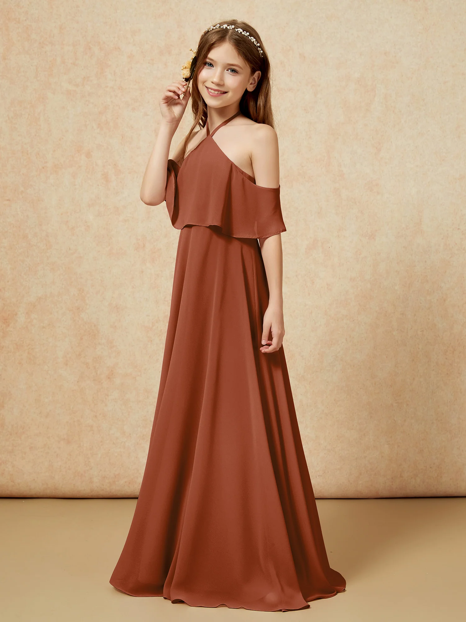 Simple Halter Floor-length Junior Bridesmaid Dress Terracotta - Image 3