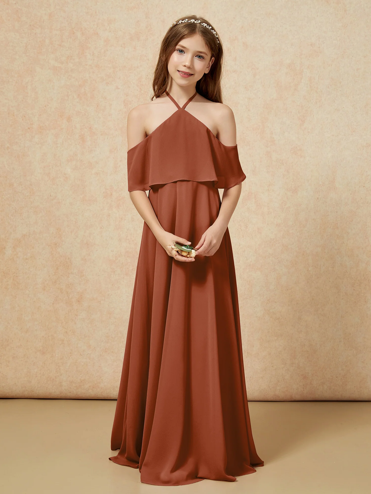 Simple Halter Floor-length Junior Bridesmaid Dress Terracotta - Image 4