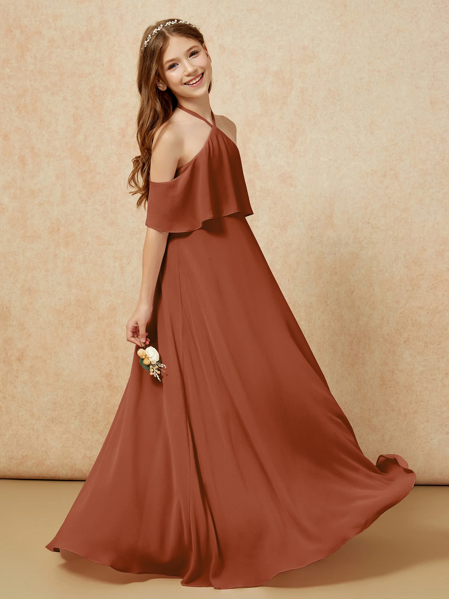 Simple Halter Floor-length Junior Bridesmaid Dress Terracotta - Image 5