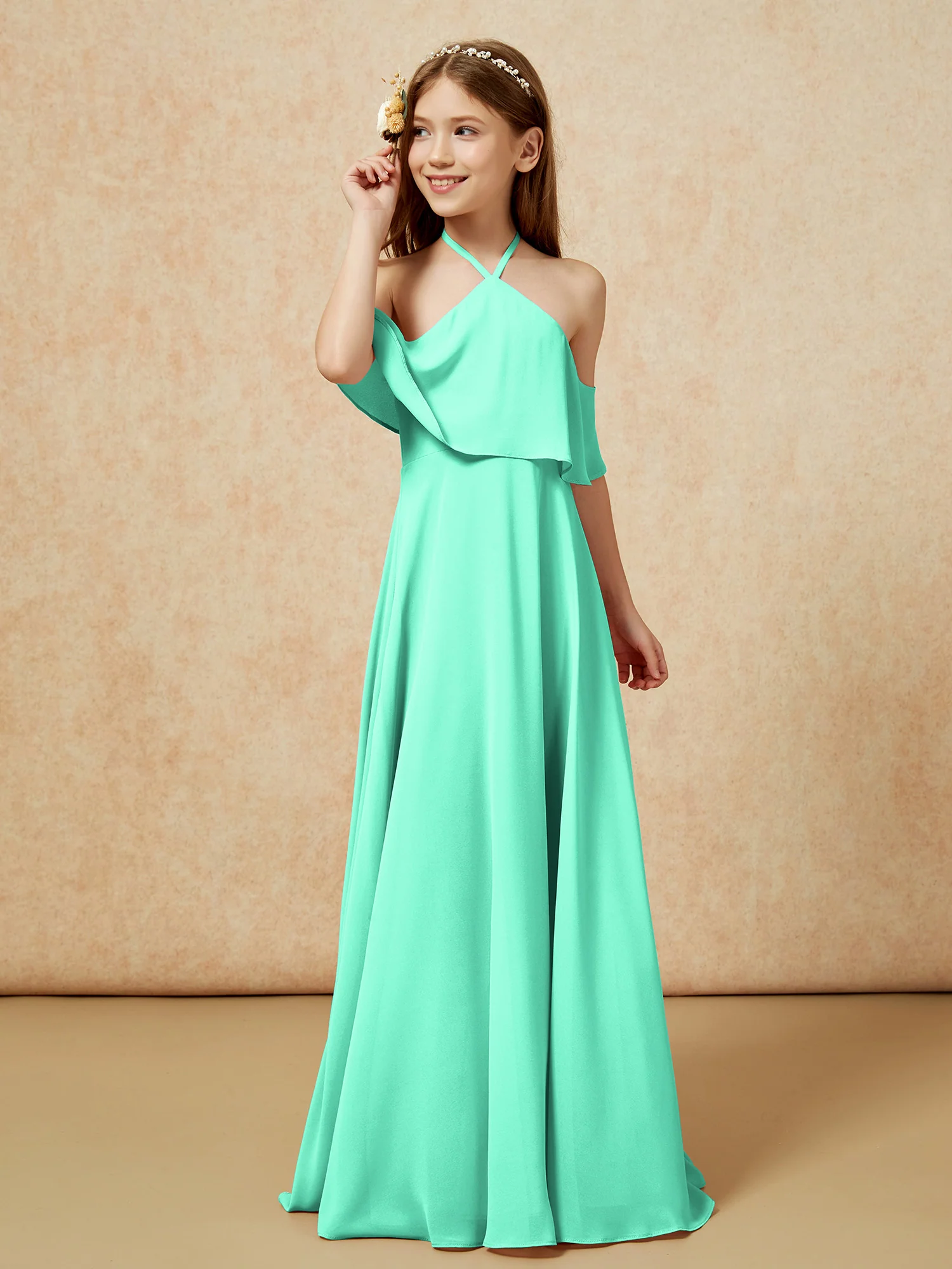 Simple Halter Floor-length Junior Bridesmaid Dress Turquoise