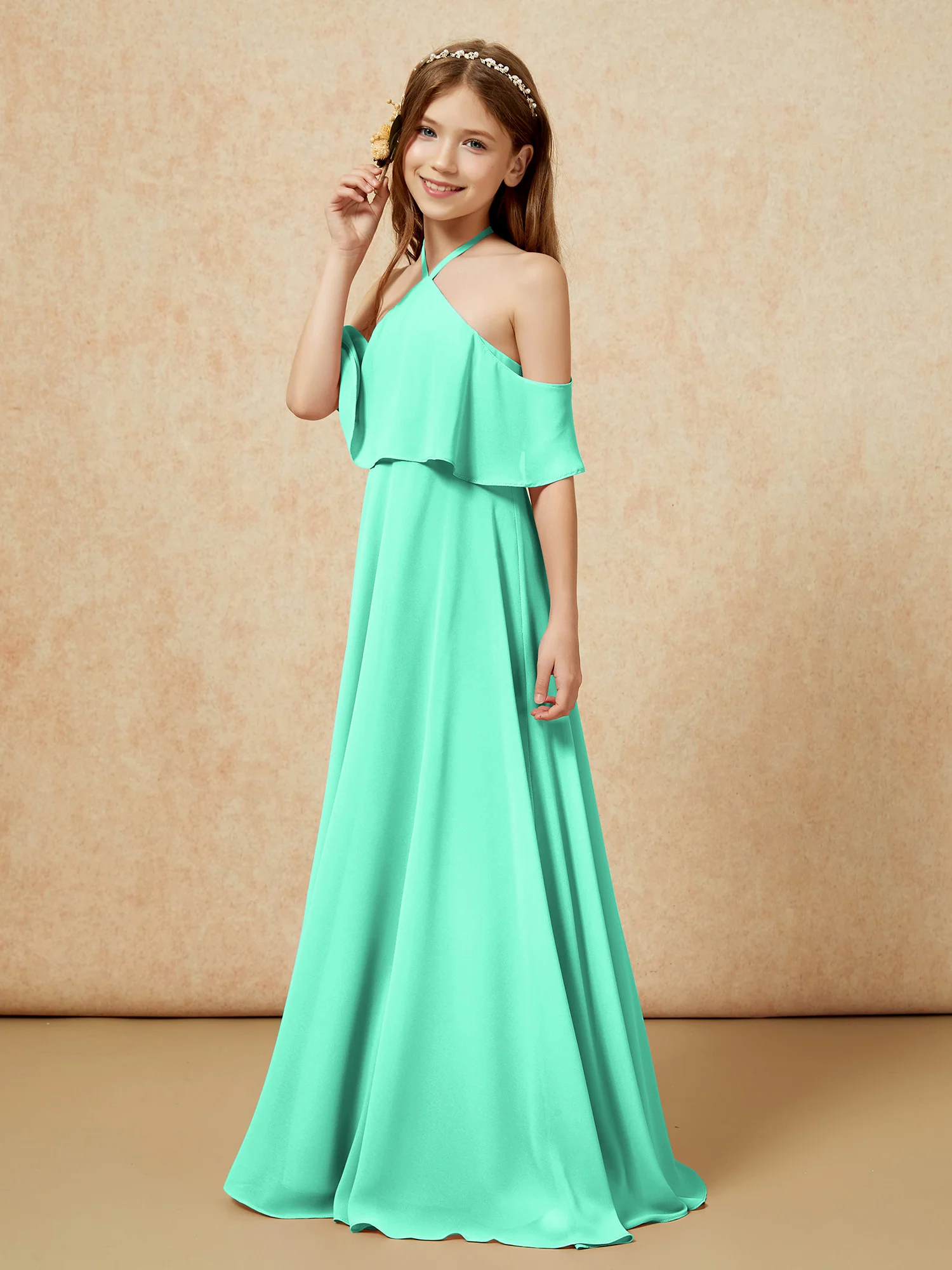 Simple Halter Floor-length Junior Bridesmaid Dress Turquoise - Image 3