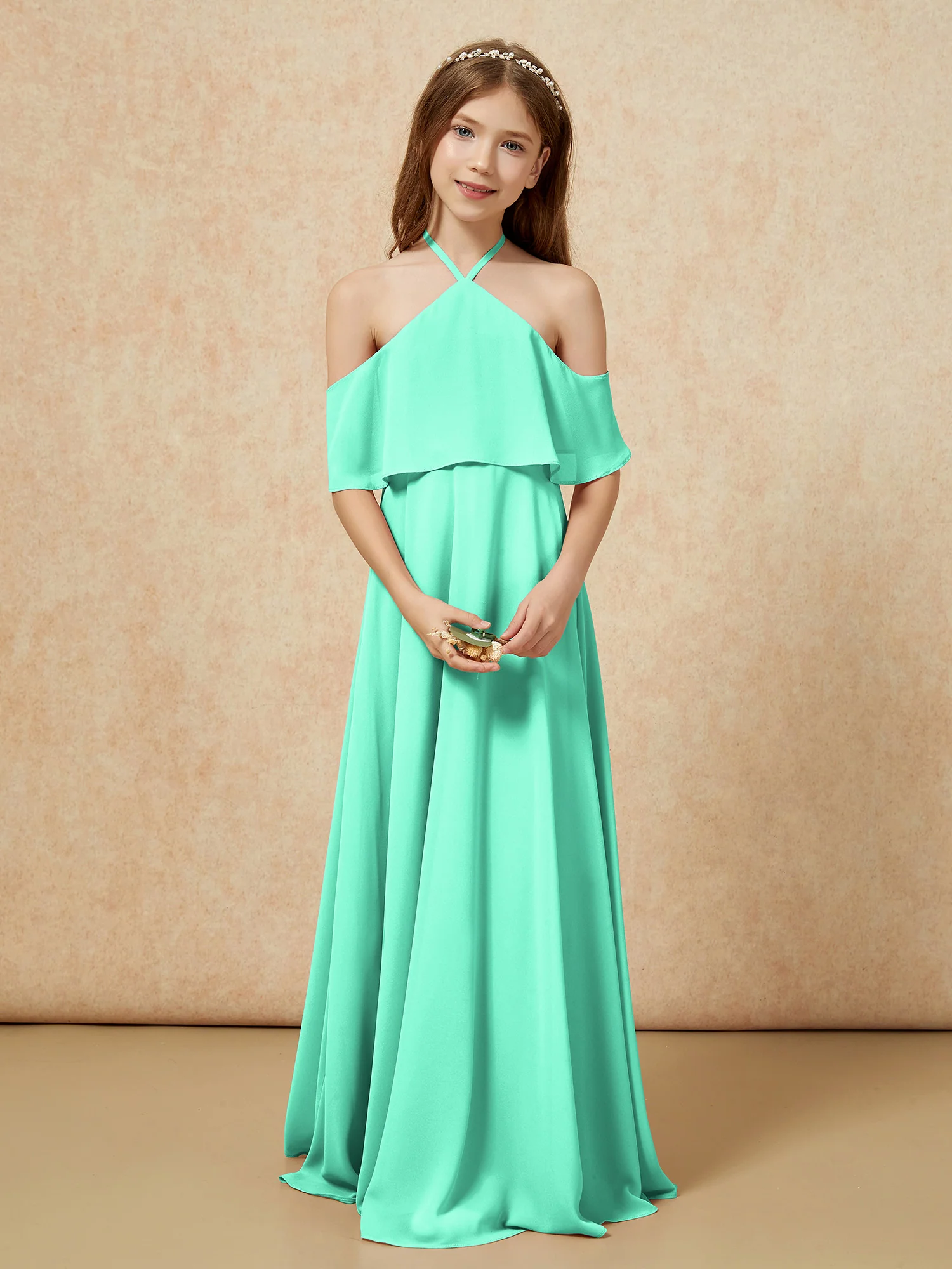 Simple Halter Floor-length Junior Bridesmaid Dress Turquoise - Image 4
