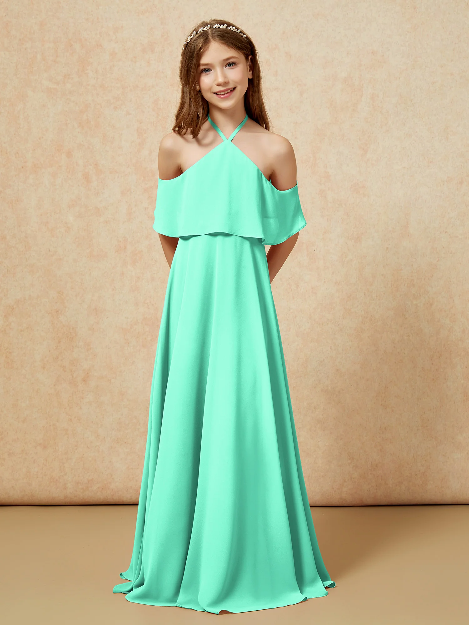 Simple Halter Floor-length Junior Bridesmaid Dress Turquoise - Image 6