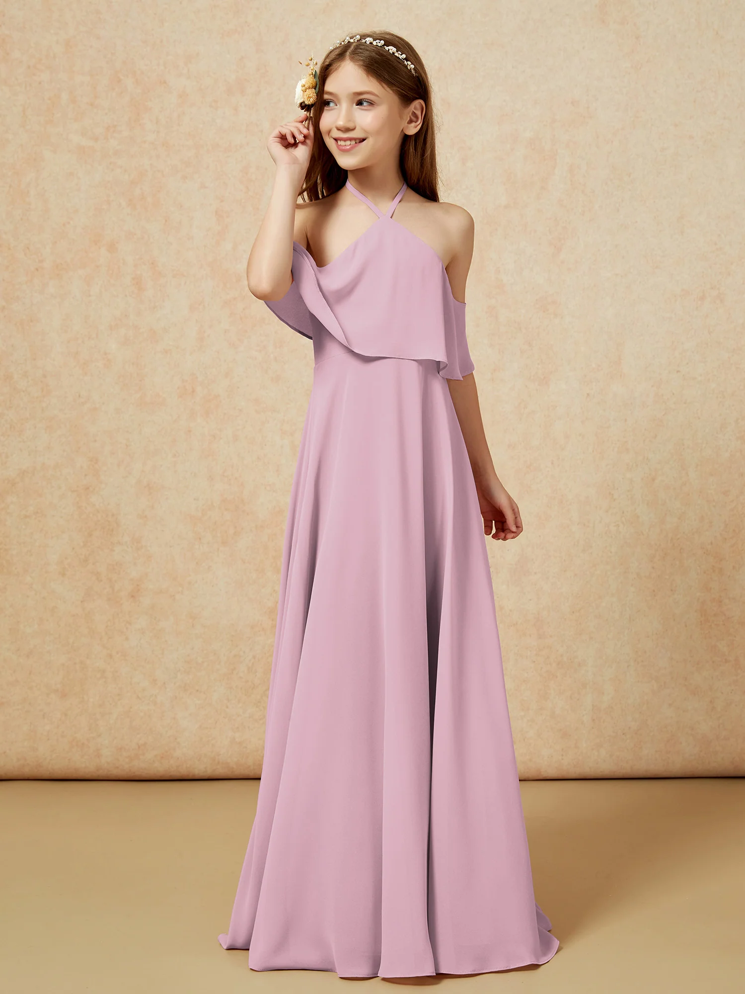 Simple Halter Floor-length Junior Bridesmaid Dress Vintage Mauve