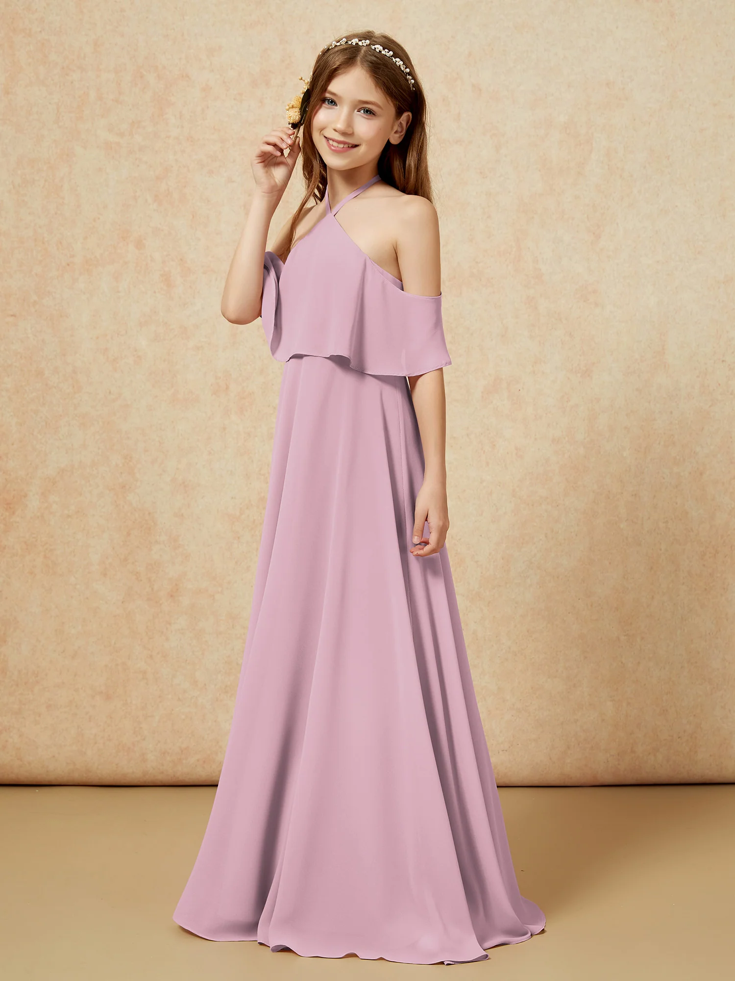 Simple Halter Floor-length Junior Bridesmaid Dress Vintage Mauve - Image 3