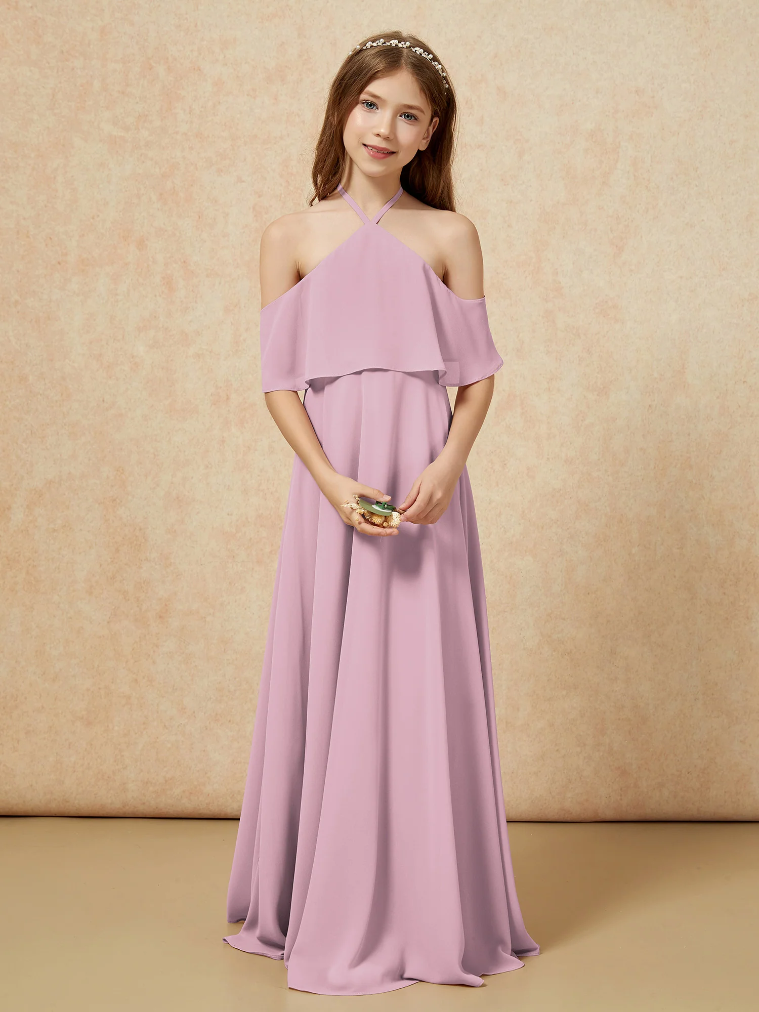 Simple Halter Floor-length Junior Bridesmaid Dress Vintage Mauve - Image 4