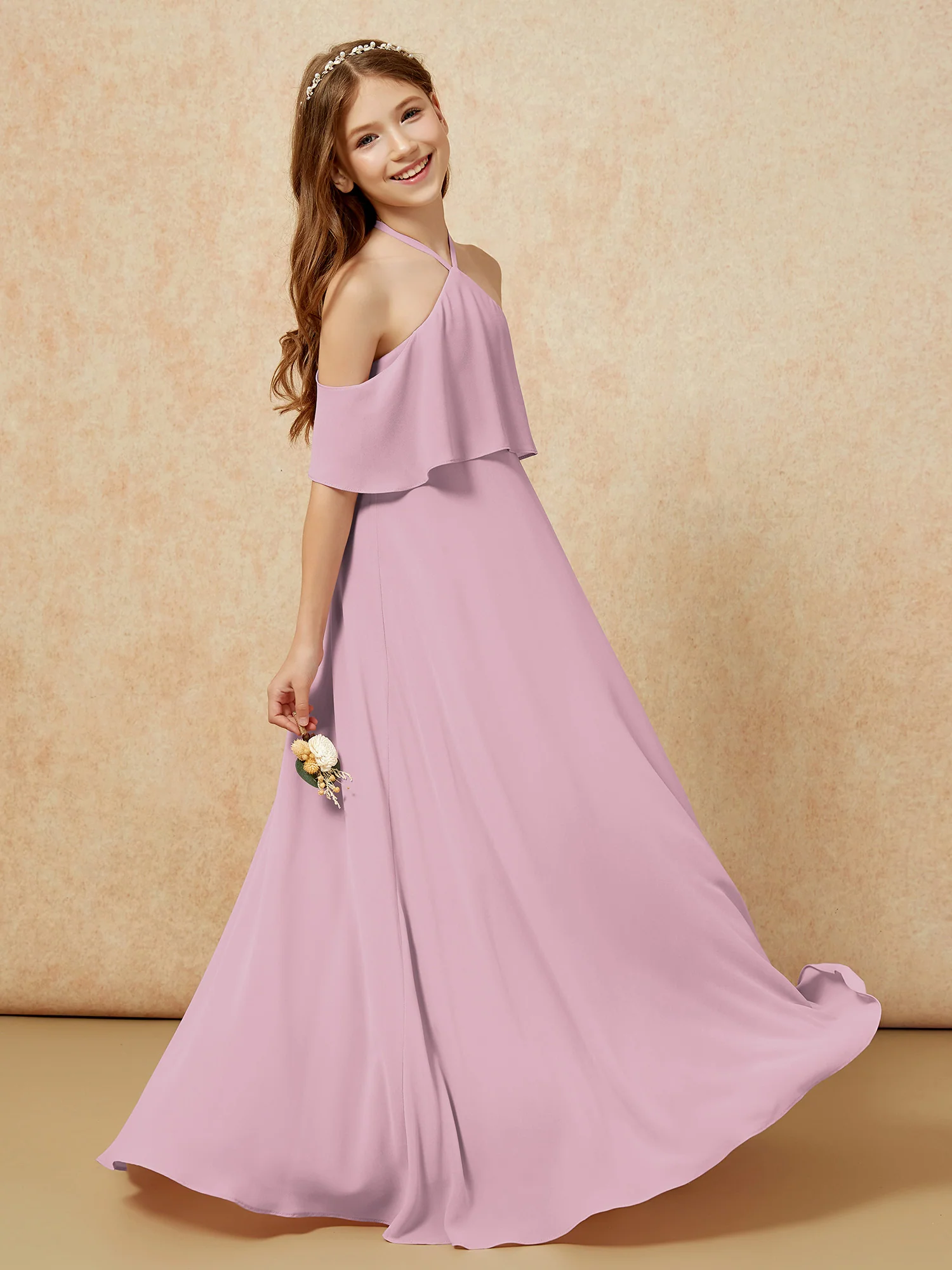 Simple Halter Floor-length Junior Bridesmaid Dress Vintage Mauve - Image 5