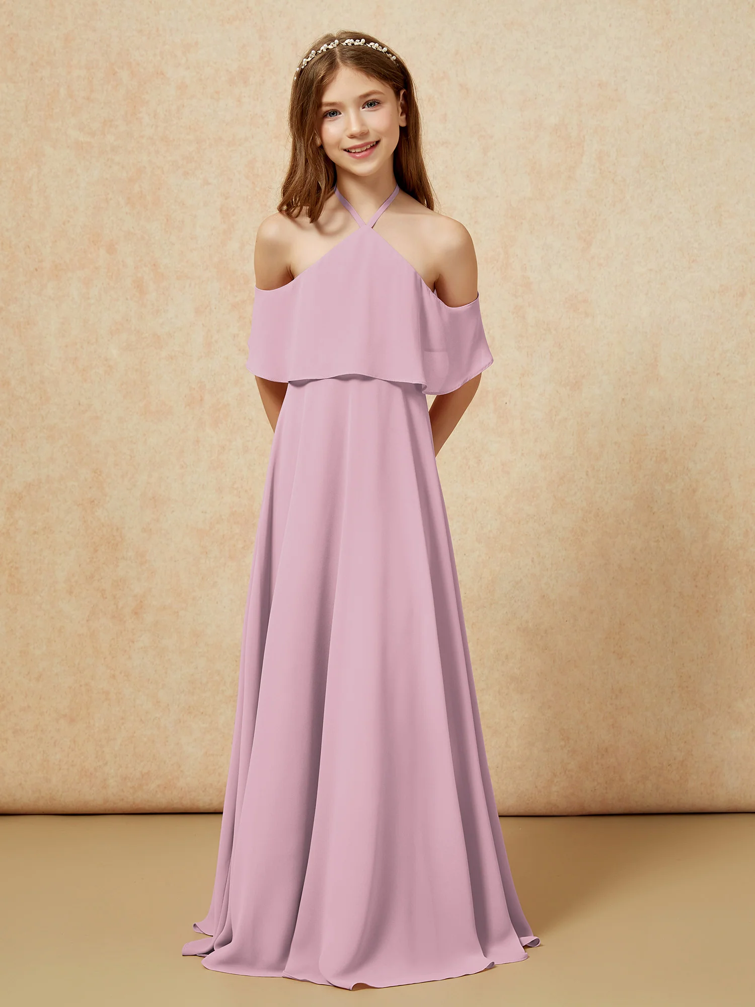 Simple Halter Floor-length Junior Bridesmaid Dress Vintage Mauve - Image 6