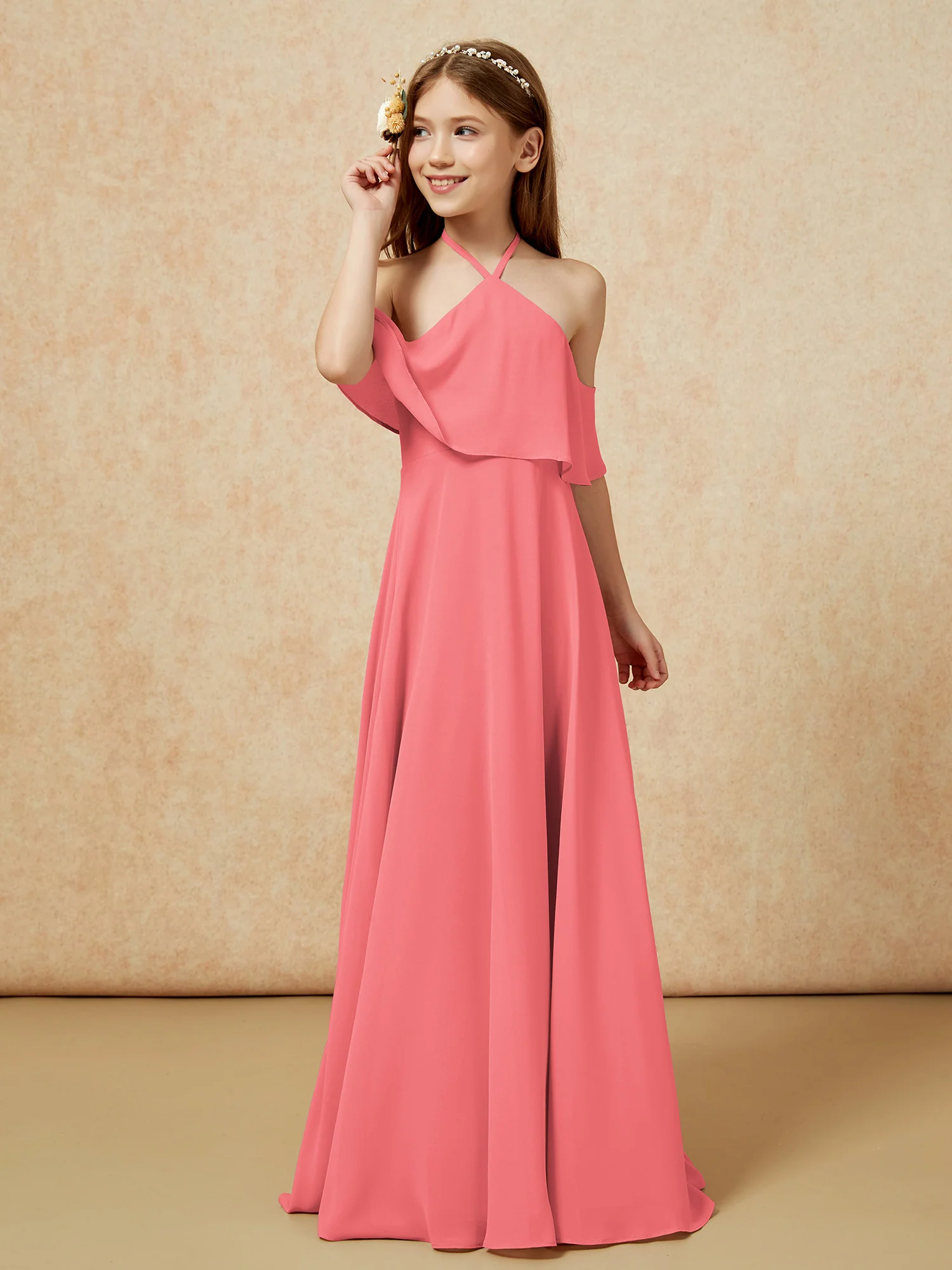 Simple Halter Floor-length Junior Bridesmaid Dress Watermelon