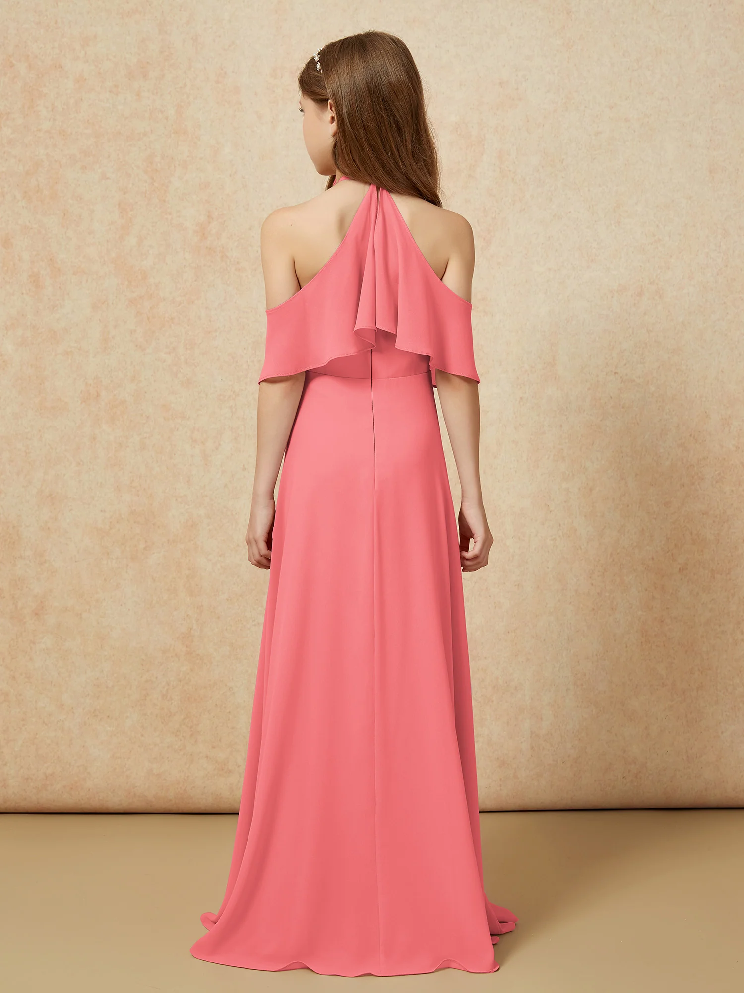 Simple Halter Floor-length Junior Bridesmaid Dress Watermelon - Image 2