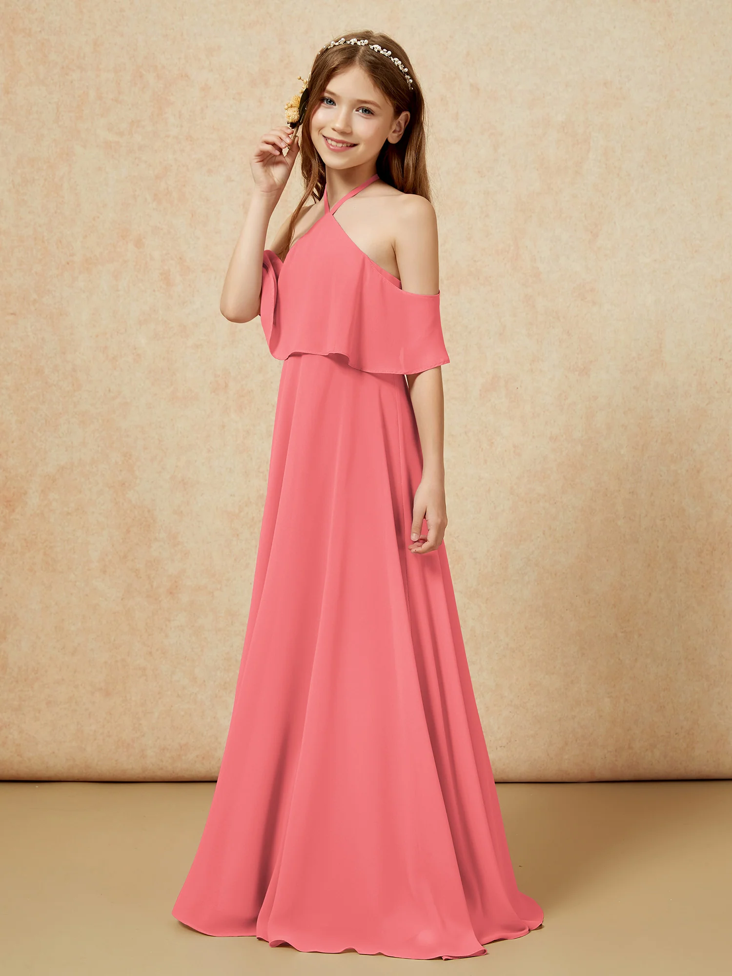 Simple Halter Floor-length Junior Bridesmaid Dress Watermelon - Image 3