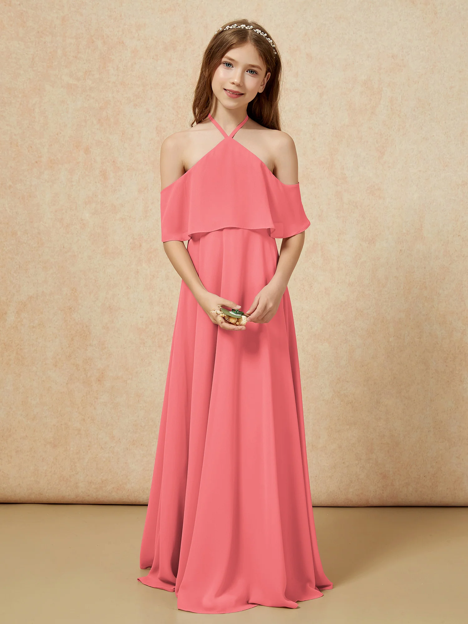 Simple Halter Floor-length Junior Bridesmaid Dress Watermelon - Image 4