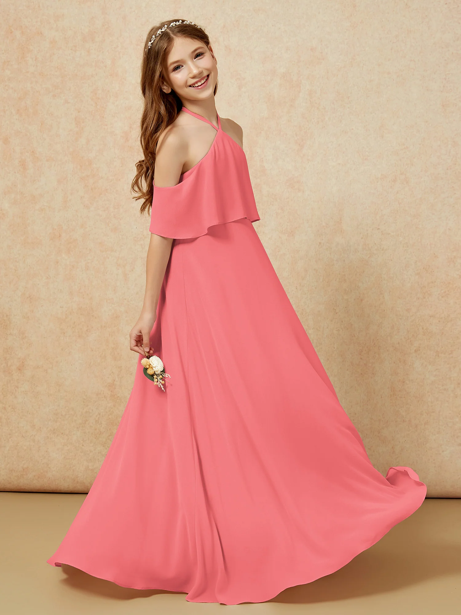 Simple Halter Floor-length Junior Bridesmaid Dress Watermelon - Image 5