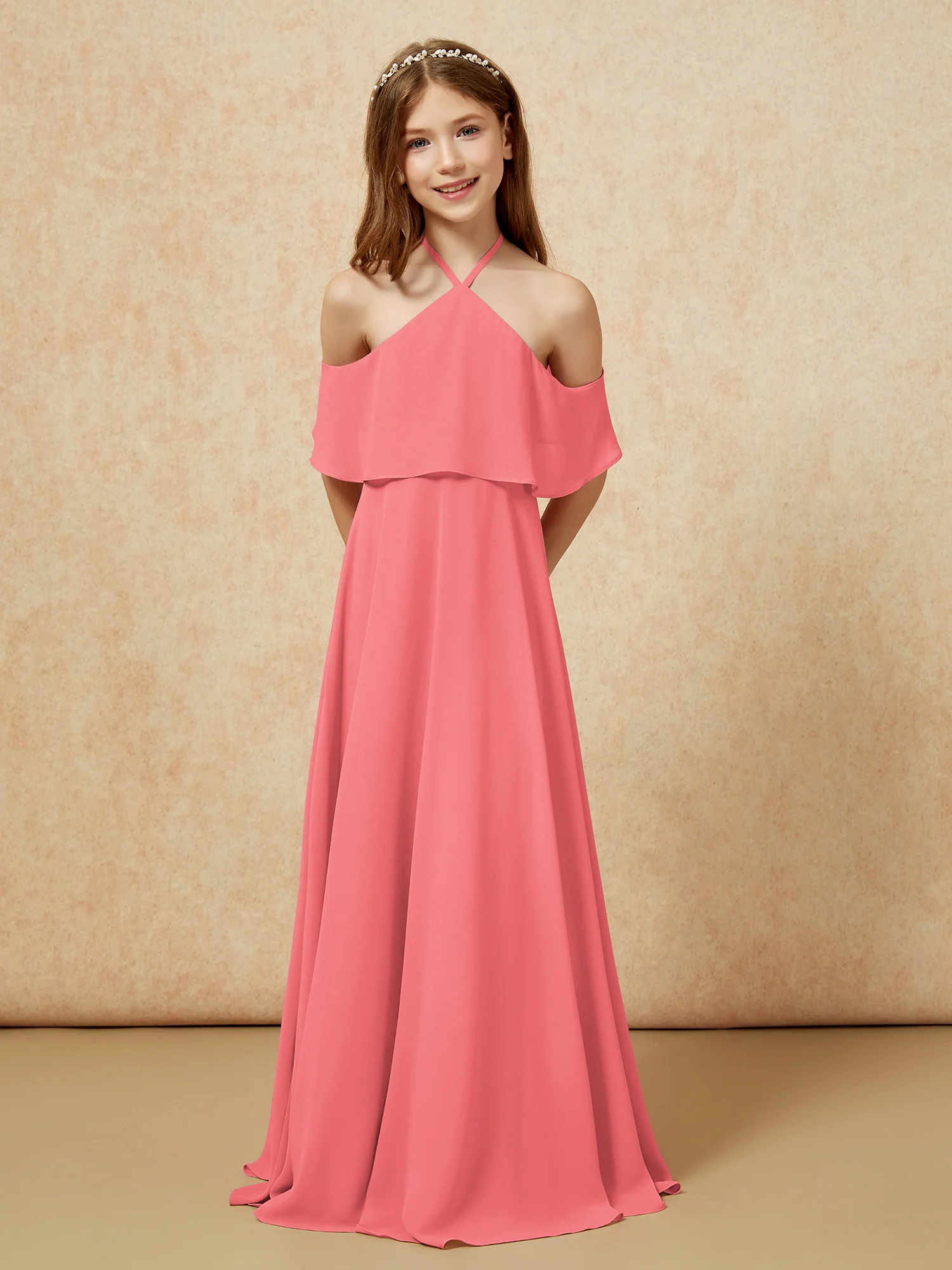 Simple Halter Floor-length Junior Bridesmaid Dress Watermelon - Image 6