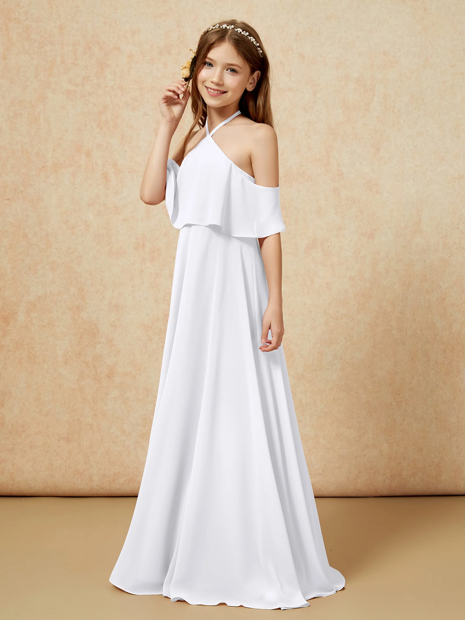 Simple Halter Floor-length Junior Bridesmaid Dress White - Image 3