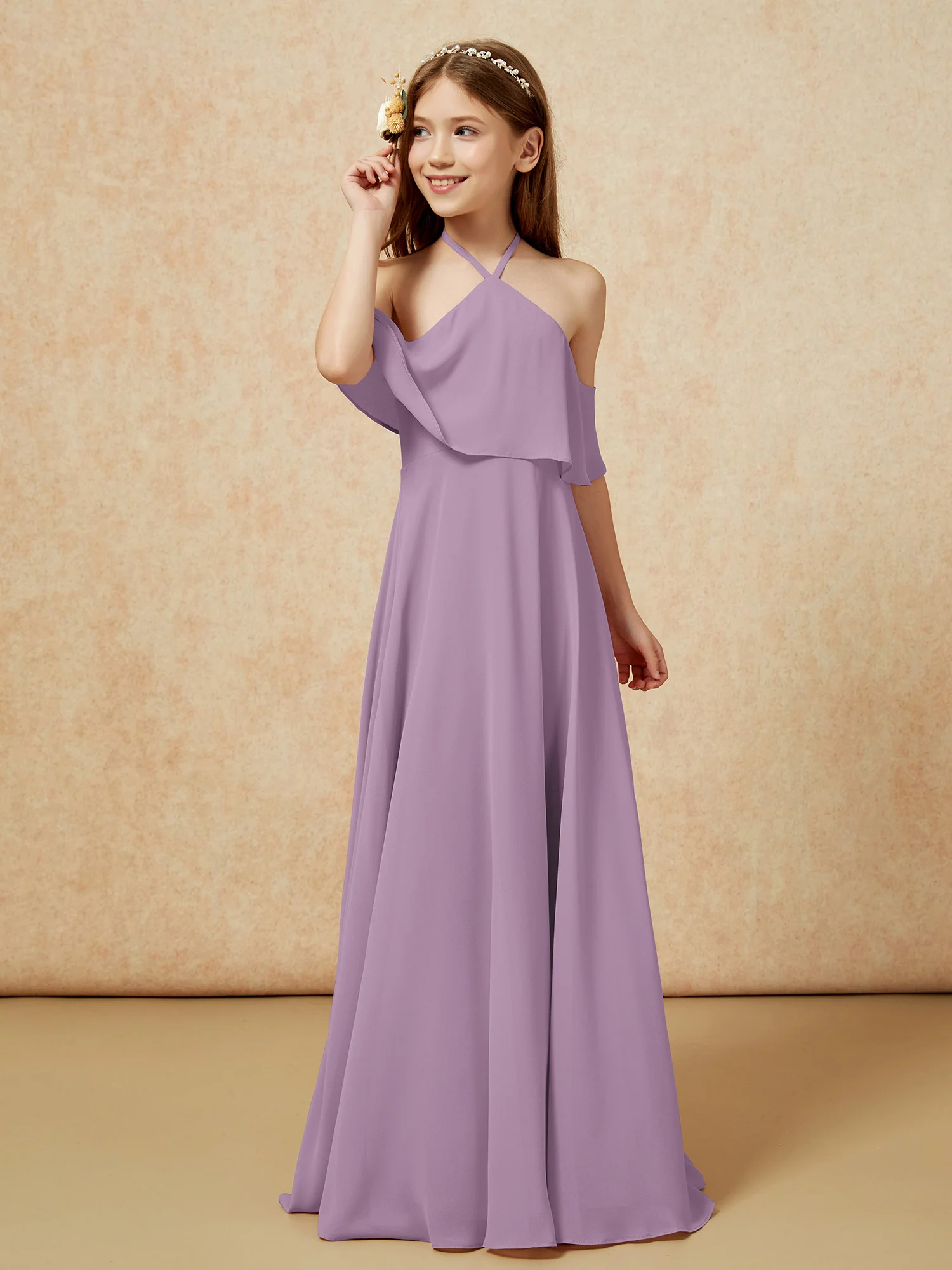 Simple Halter Floor-length Junior Bridesmaid Dress Wisteria