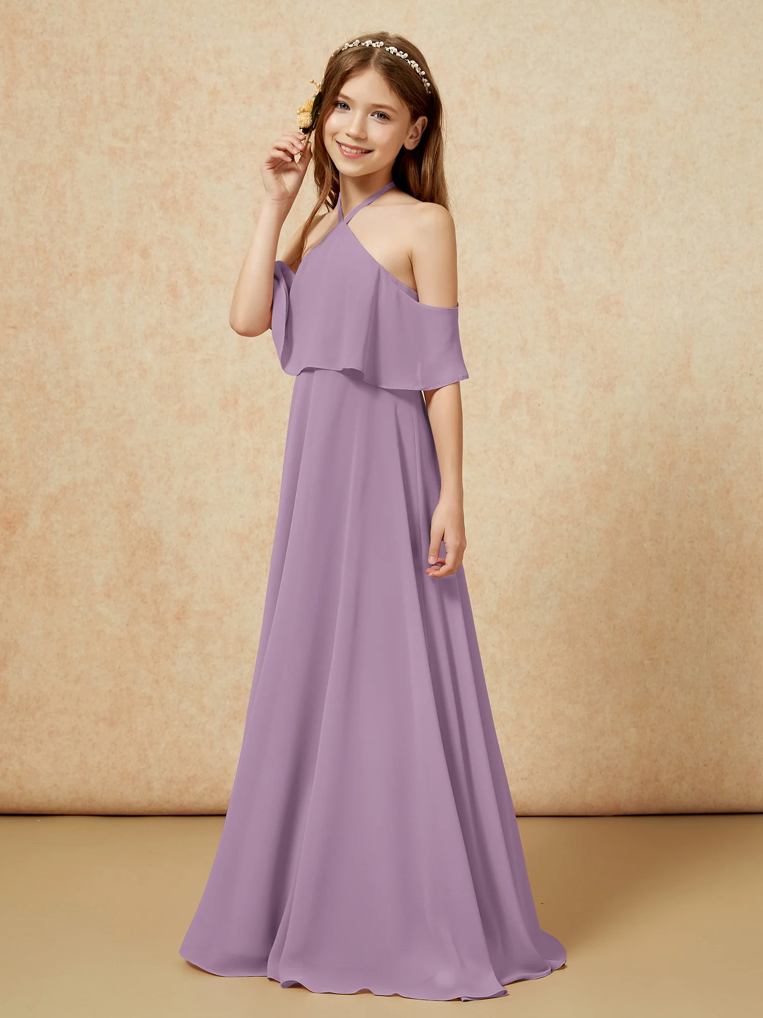 Simple Halter Floor-length Junior Bridesmaid Dress Wisteria - Image 3