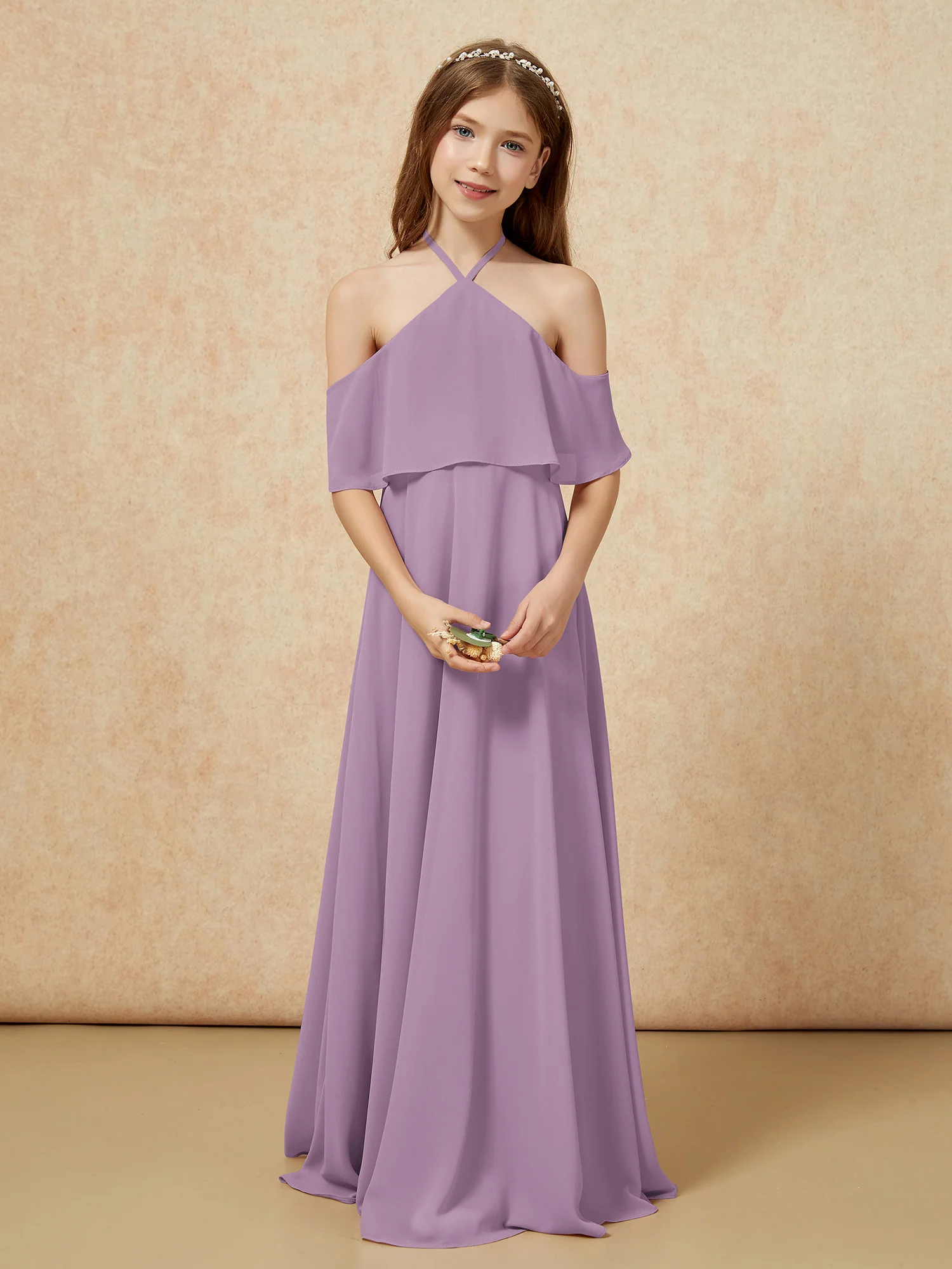 Simple Halter Floor-length Junior Bridesmaid Dress Wisteria - Image 4
