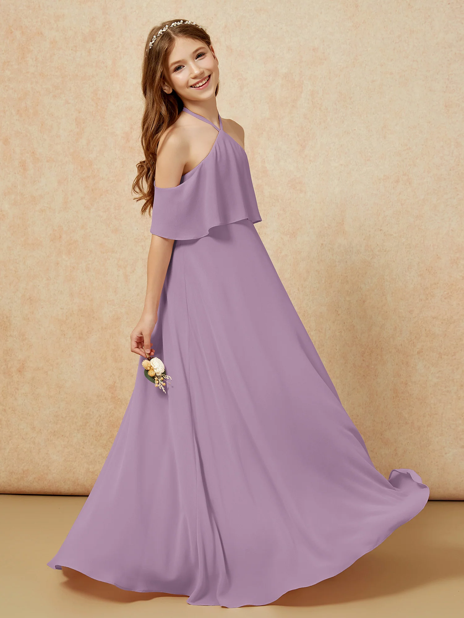 Simple Halter Floor-length Junior Bridesmaid Dress Wisteria - Image 5