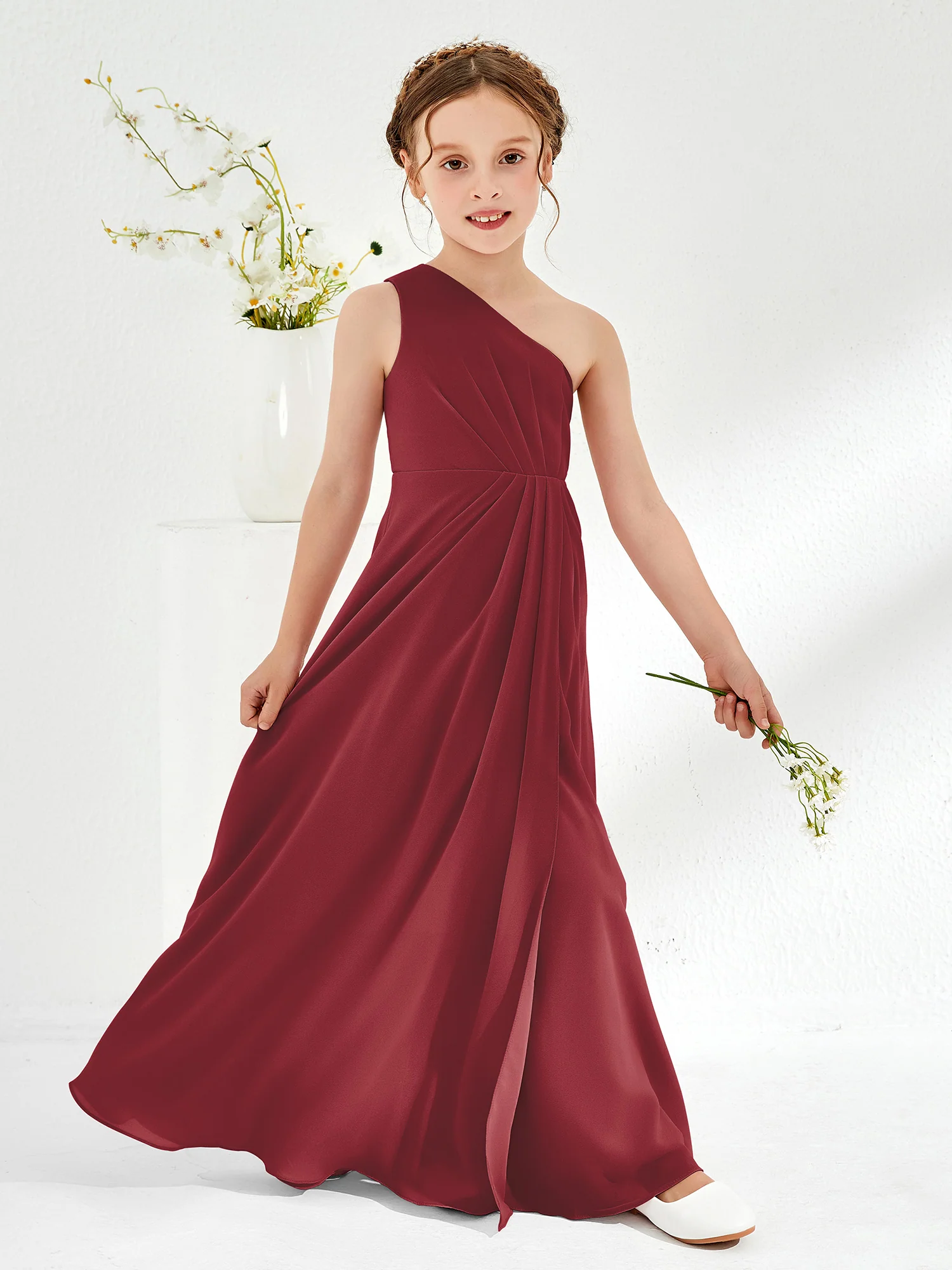 Simple One Shoulde Chiffon Junior Bridesmaid Dress Cinnamon Rose