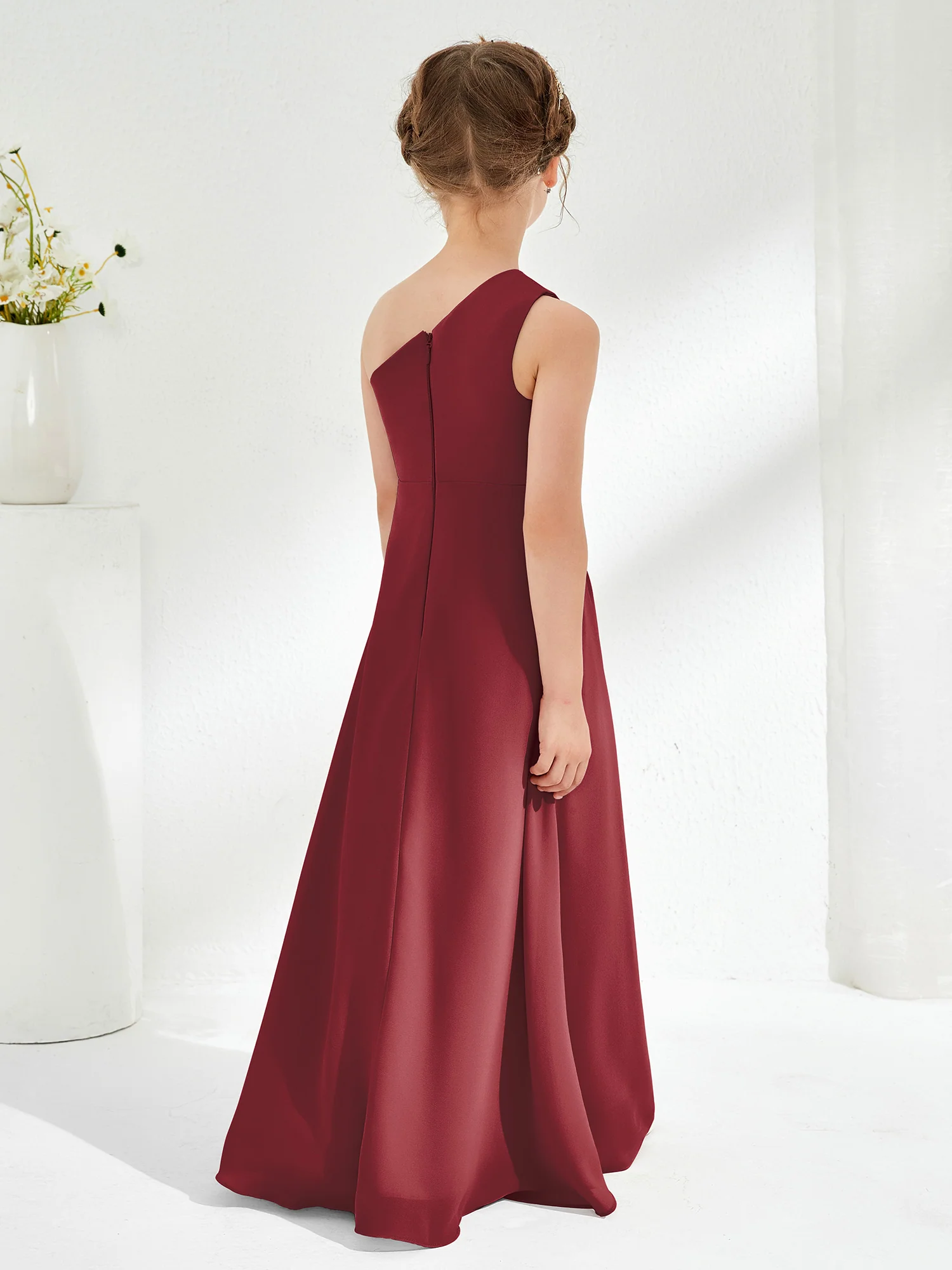 Simple One Shoulde Chiffon Junior Bridesmaid Dress Cinnamon Rose - Image 2