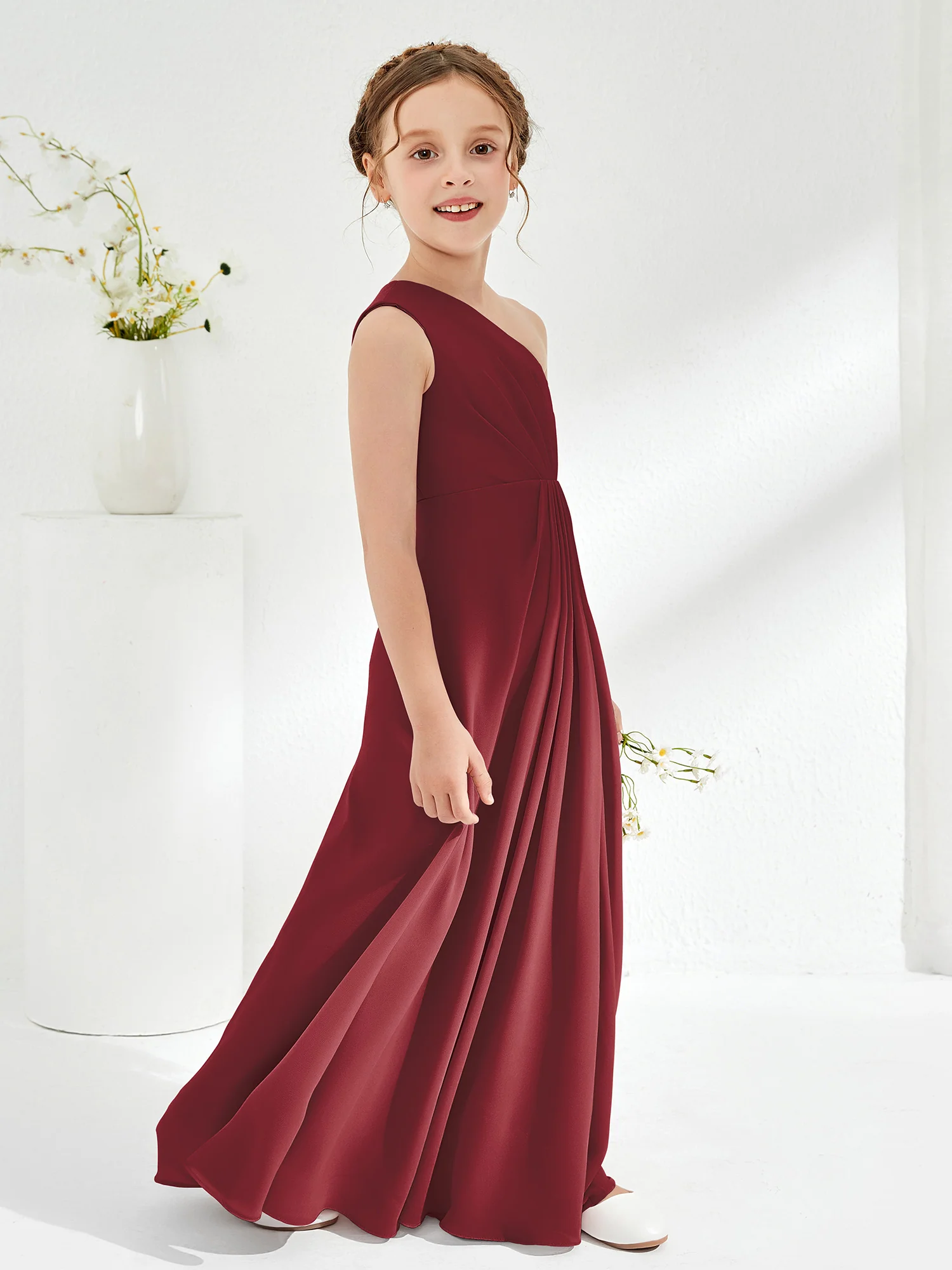 Simple One Shoulde Chiffon Junior Bridesmaid Dress Cinnamon Rose - Image 3