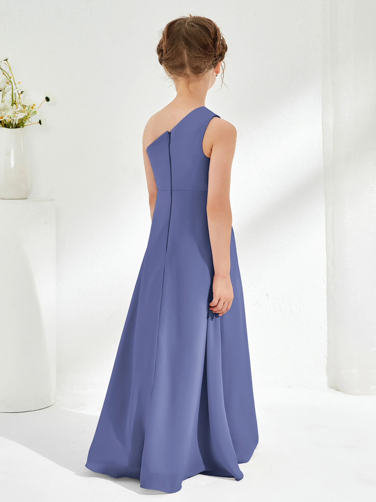 Simple One Shoulde Chiffon Junior Bridesmaid Dress Periwinkle - Image 2