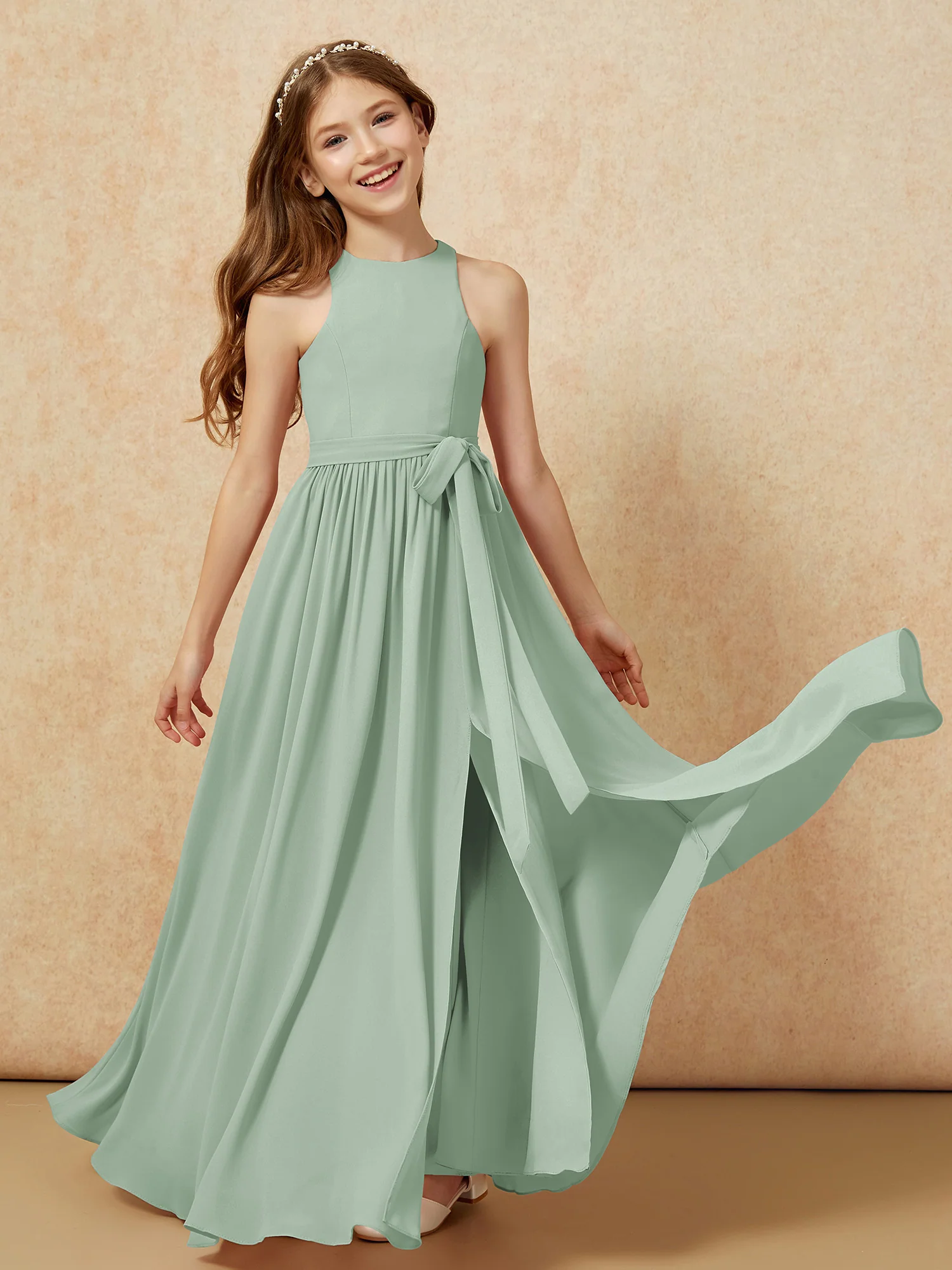 Simple sleeveless chiffon Junior Bridesmaid Dress Agave - Image 10